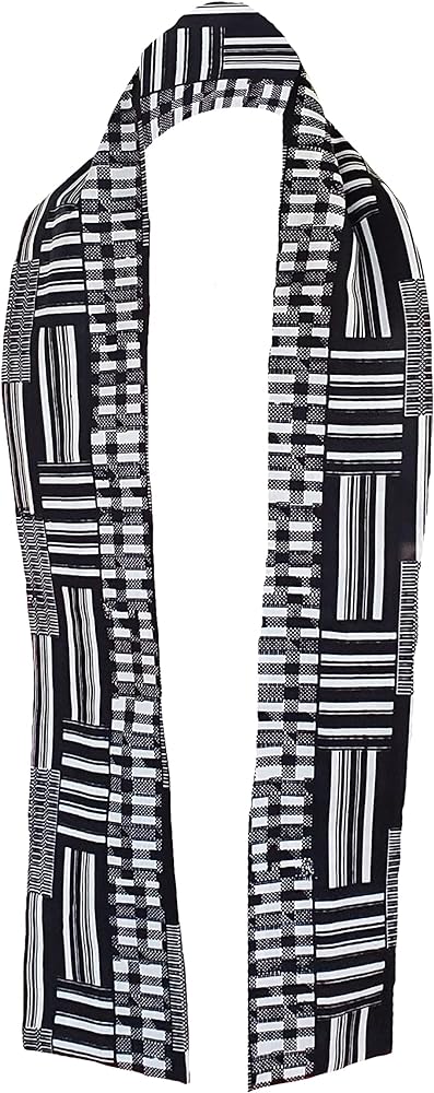 Dupsie's Otumfuo Black and White Kente African Print Sash DPB0795S - Authentic Ghanaian Kente Cloth Sash for Weddings, Graduations & Cultural Events