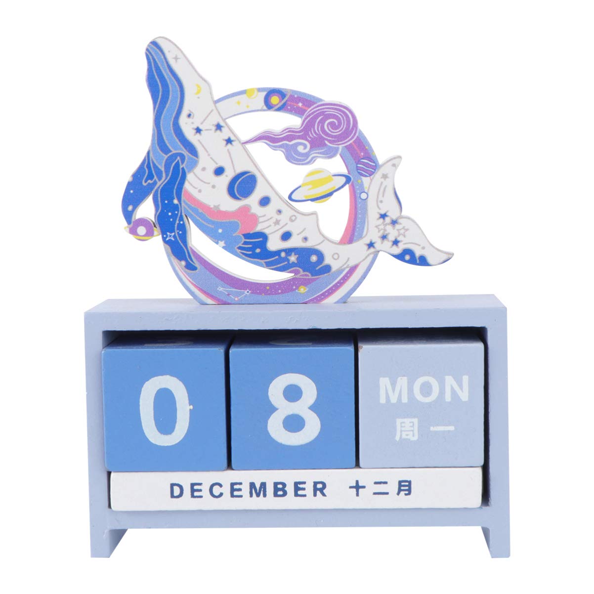 SOIMISS Vintage Wooden Perpetual Calendar with Whale Cutout - Wood Block Desk Calendar for Office & Home Decor - Month Week Date Blocks - Sky Blue 2023 Planner - Perfect for Desk Organization, Gift Giving & Boho Home Decor
