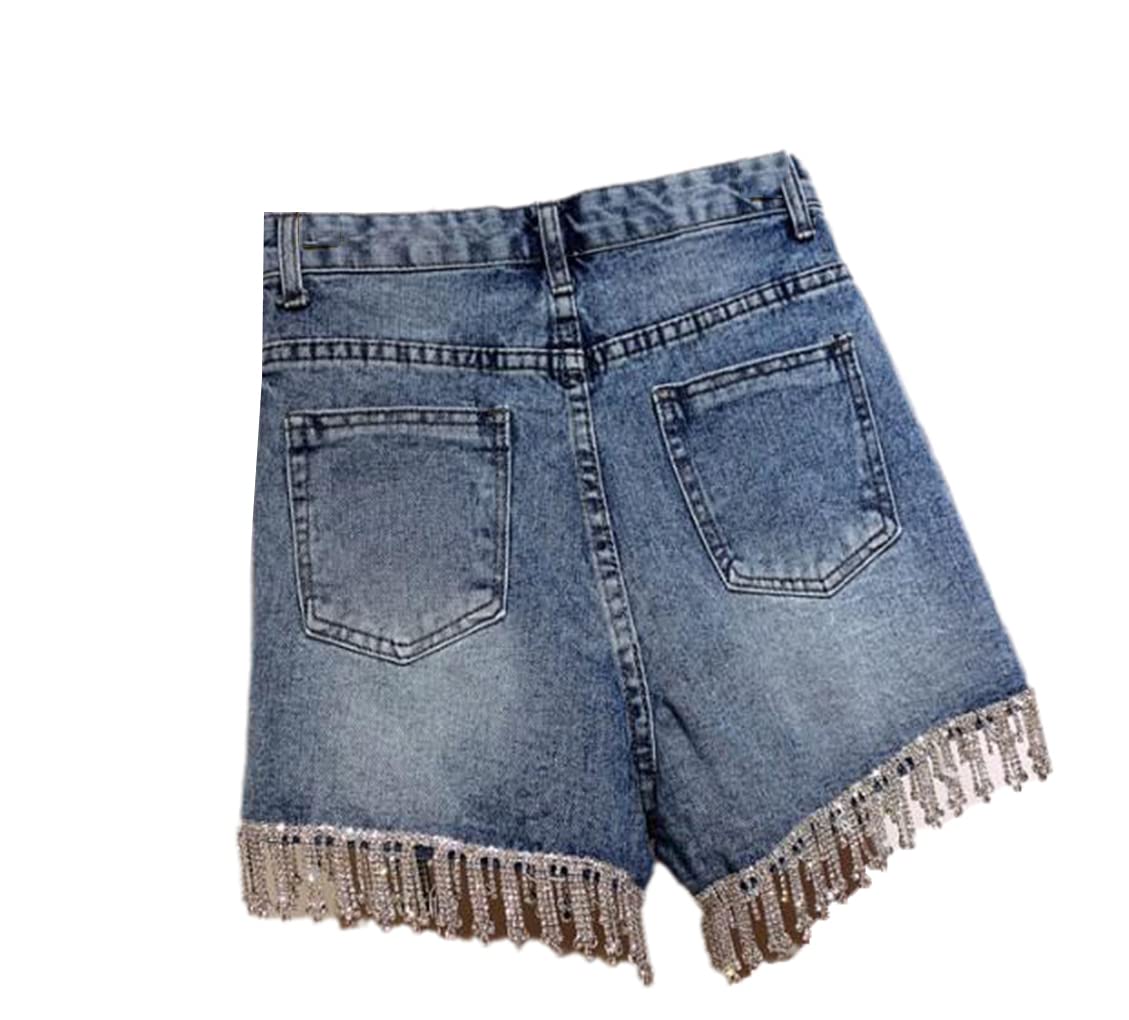 Sparkling Rhinestone Fringed High Waist Denim Shorts for Women - Stylish Diamond Tassel Embellished Jean Shorts | Perfect for Summer Outfits, Music Festivals & Night Out Parties