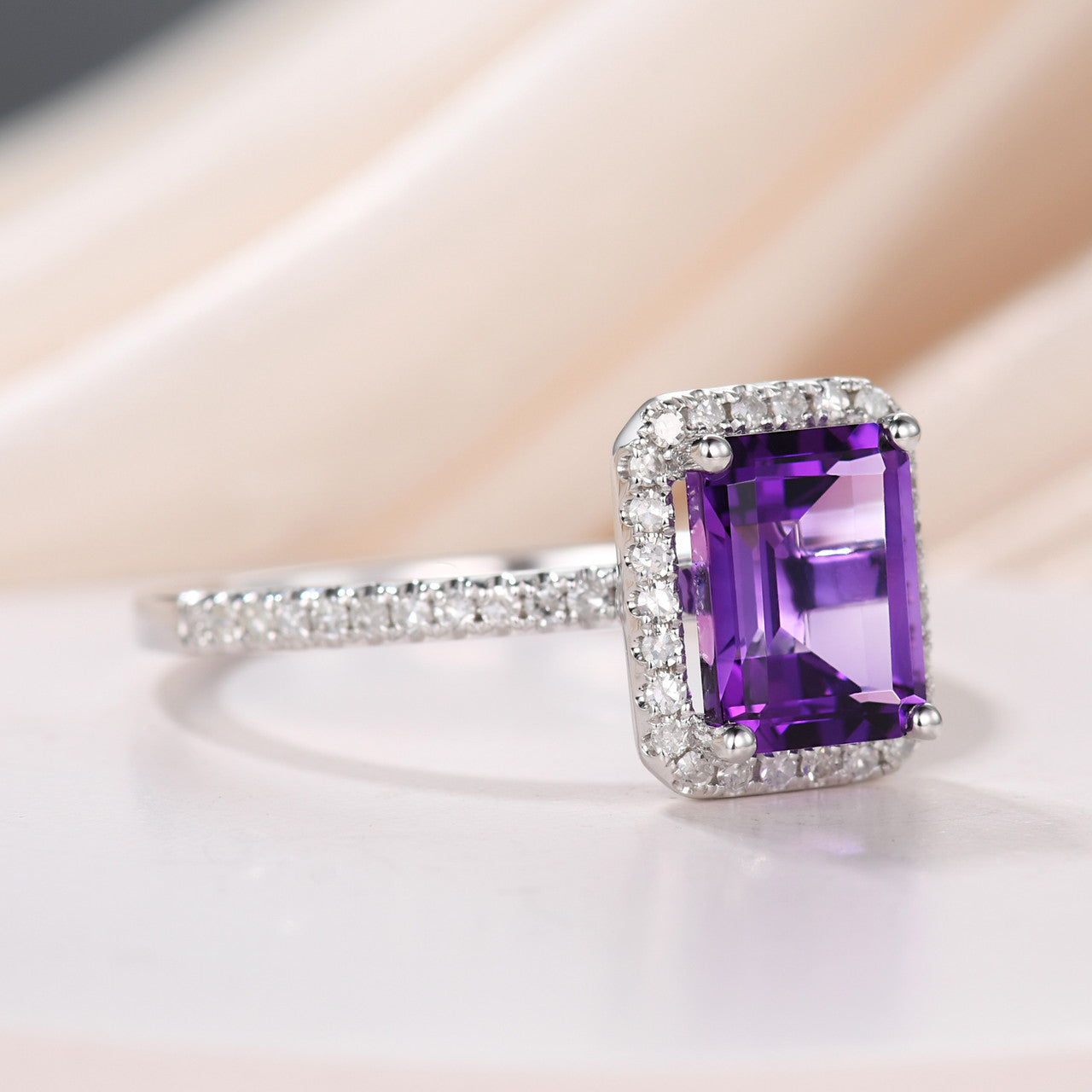 Natural 6x8mm Emerald Cut Amethyst Engagement Ring - 14k White Gold Halo Prong Set with Diamonds | Elegant Wedding Band for Brides, Anniversary Gift & Romantic Proposal Jewelry