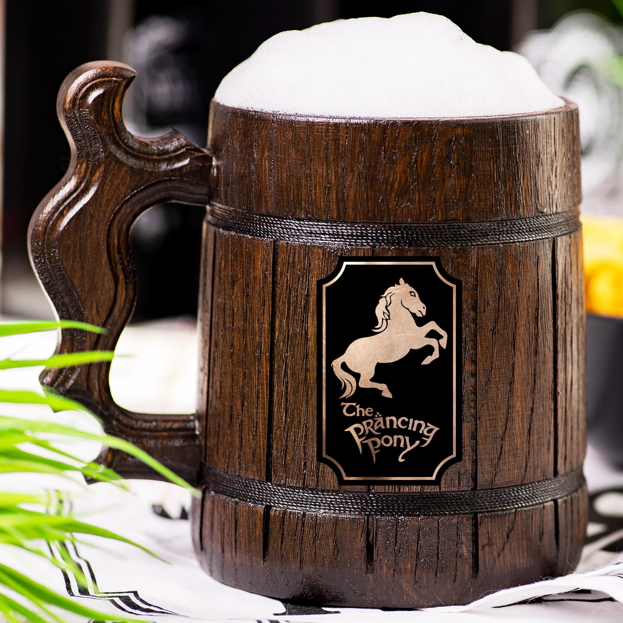 Personalized Lord of the Rings Prancing Pony Beer Stein - Custom Engraved Wooden Tankard Mug for Men, Gamer Gifts, Anniversary & Birthday Present for Him, Dad, Father - Perfect for Weddings, Geek Decor & Fantasy Themed Parties