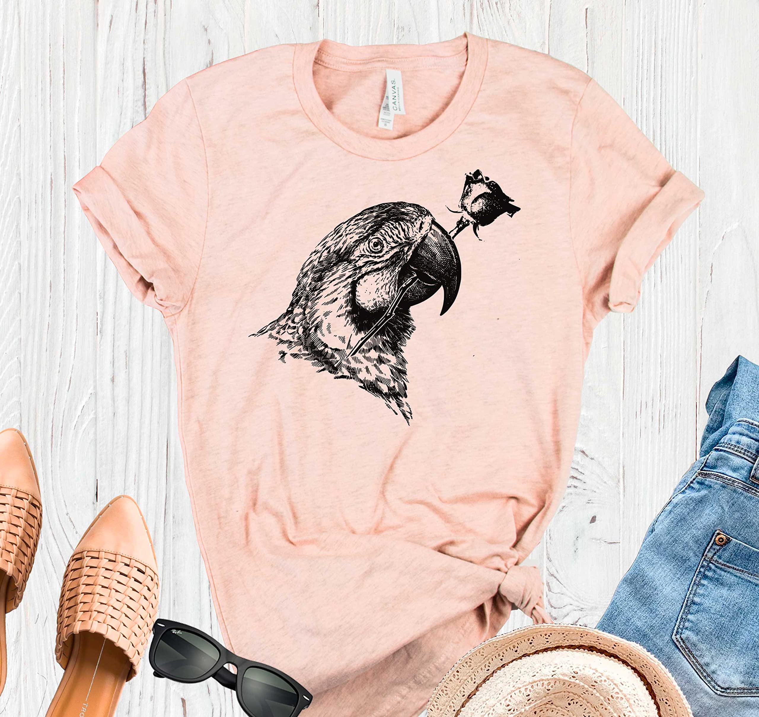 Unisex Parrot Love Bird Graphic Tee - Cute Rose Print T-Shirt for Valentine's Day | Funny Flower Shirt for Women & Men | Perfect Gift for Bird Lovers & Couples | Casual Wear, Date Night Outfit, Gift for Her/Him