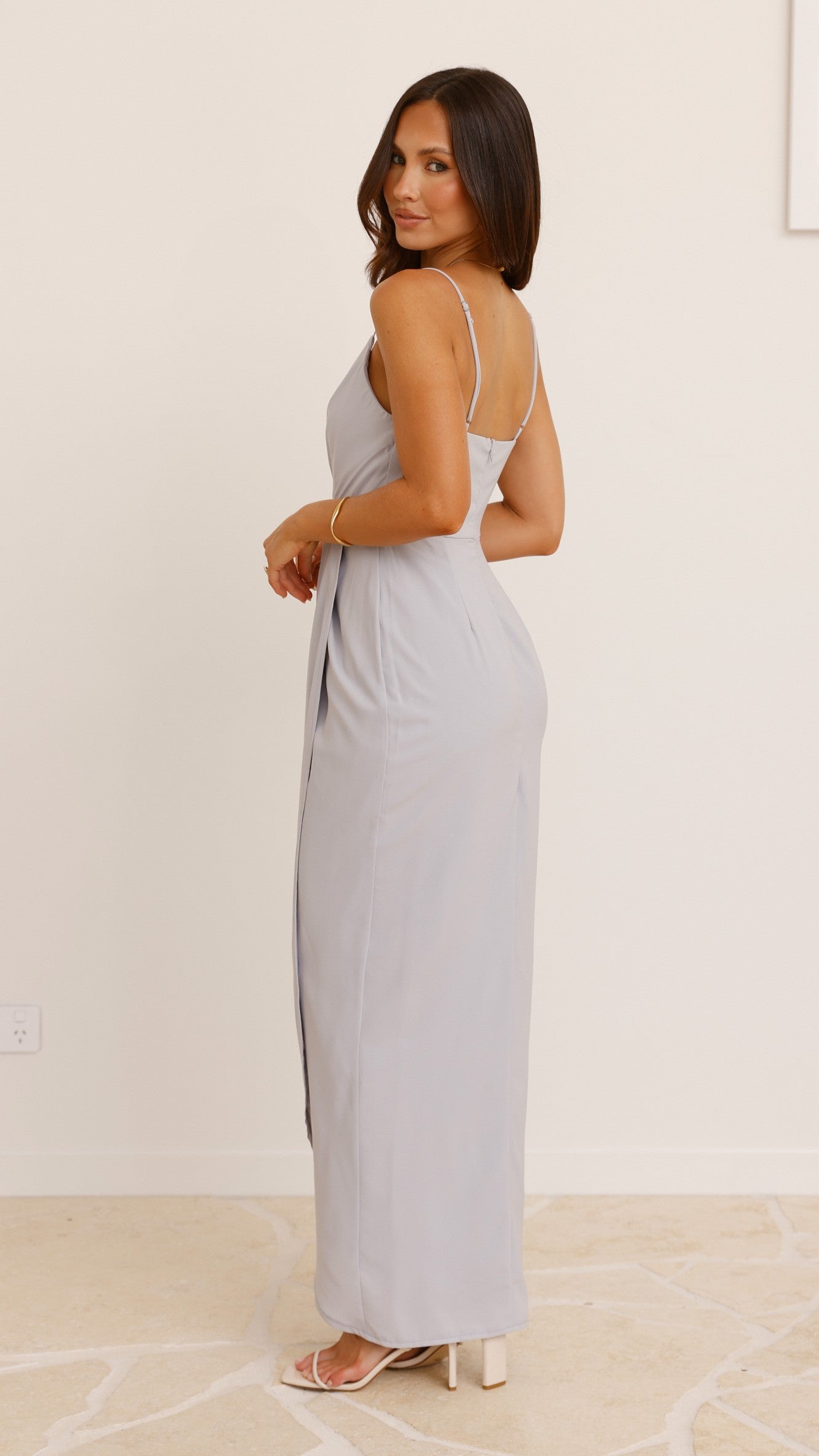 Charlotte Draped Maxi Dress - Light Grey Flowy Long Evening Gown for Women | Perfect for Weddings, Parties & Special Occasions