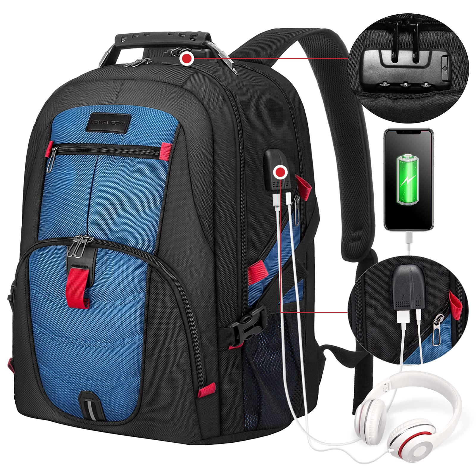 18.4 Inch Waterproof Anti-Theft Travel Laptop Backpack with USB Charging Port & Lock - Large Business Computer Backpack for Men & Women - Perfect for School, College, Commuting & Air Travel (Blue)