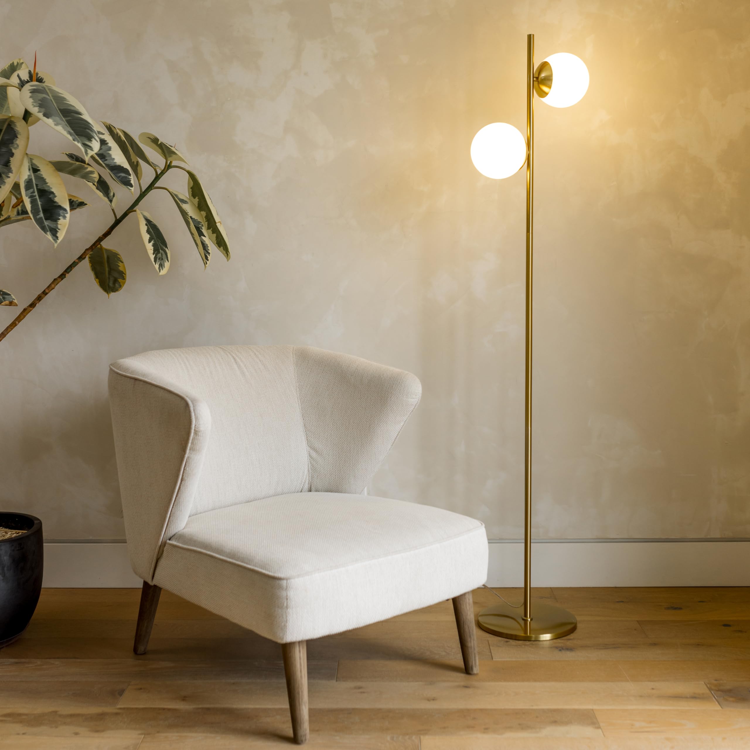 Brightech Sphere LED Floor Lamp - Mid-Century Modern 2 Globe Standing Light for Living Room, Bedroom & Office - Gold/Antique Brass - Perfect for Reading, Working & Contemporary Home Decor