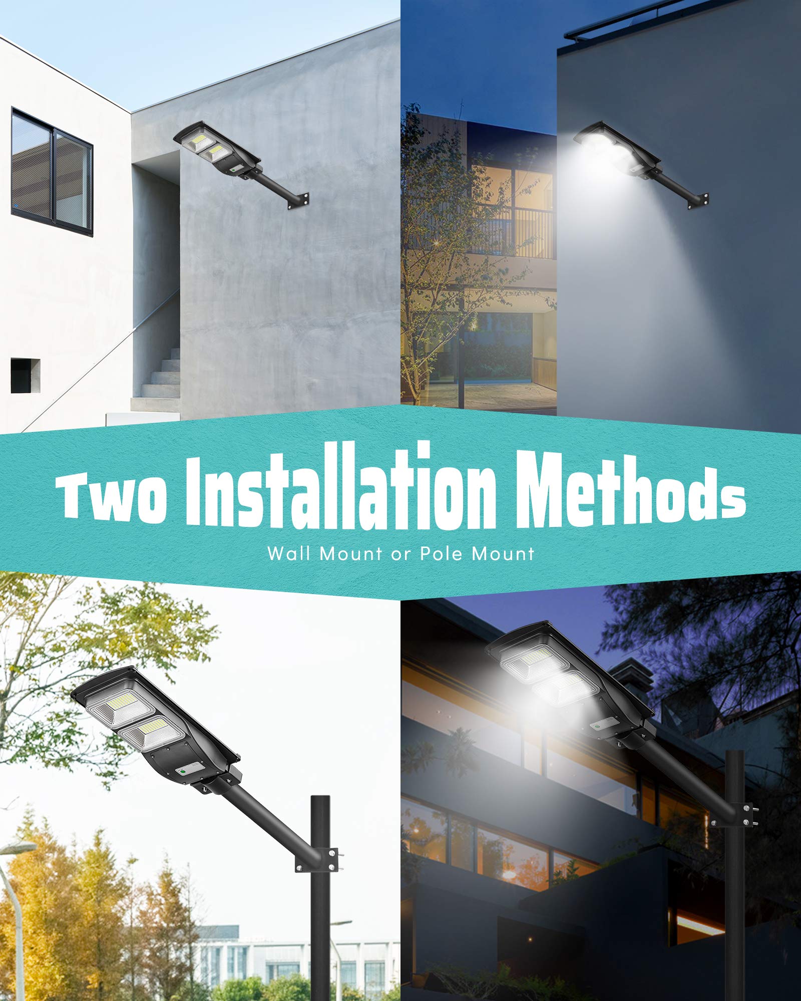 2Pack 1500W Solar Powered Street Lights - 6000K Bright White LED Outdoor Security Lights with Motion Sensor & Dusk to Dawn Auto On/Off - IP65 Waterproof for Driveway, Garden, Patio, Yard, Pathway, and Backyard Lighting