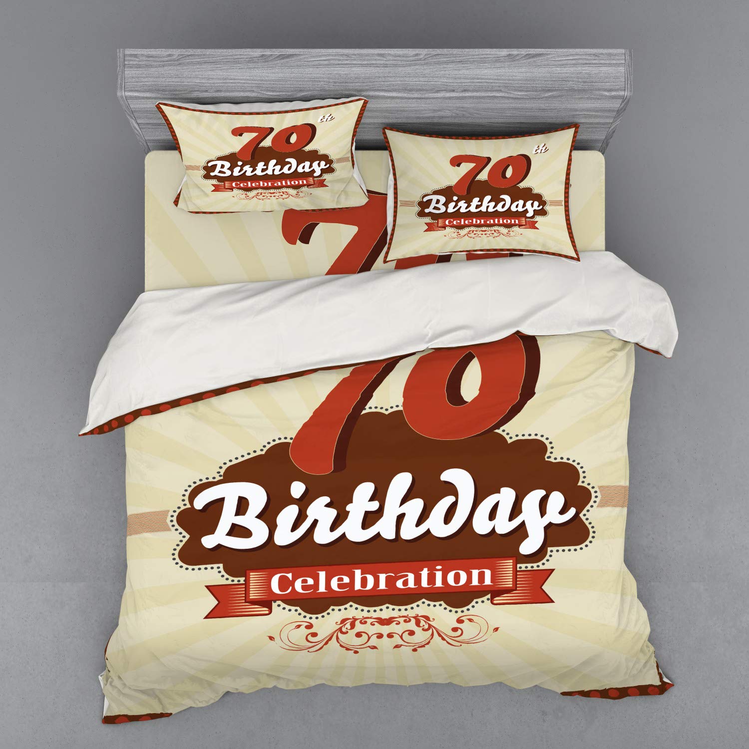 Ambesonne Vintage Candy Store 70th Birthday Duvet Cover Set - King Size 4-Piece Bedding with Shams & Fitted Sheet in Brown & Cinnamon | Perfect for Milestone Celebrations, Retro Themed Bedrooms & Gift Ideas