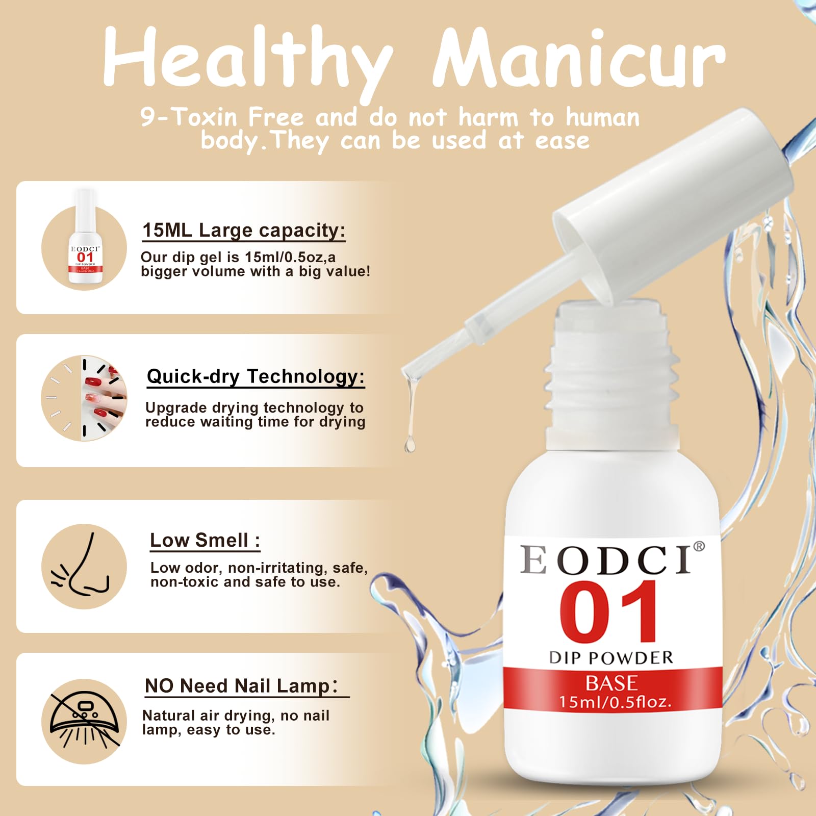 Professional Dip Powder Liquid Set - 15ml Large Capacity Base & Top Coat Kit with Activator, No UV Lamp Needed for Curing - Perfect for Nail Salon Professionals & DIY Beginners at Home | Manicure, Pedicure & Nail Art Enhancement