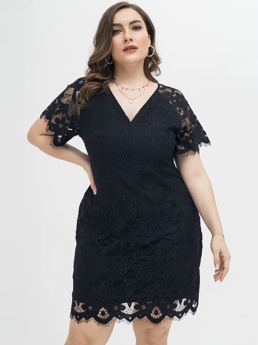 Elegant Floral Lace V-Neck Mini Dress for Women - Plus Size Bodycon Cocktail Dress with Short Sleeves & Scalloped Hem | Perfect for Parties, Date Nights & Special Occasions