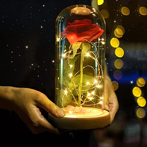 SW Preserved Rose - Enchanted Red Silk Rose in Glass Dome with LED Lights & Pine Base, Romantic Home Decor Gift for Women - Perfect for Valentine's Day, Mother's Day, Christmas, Wedding Anniversary, Birthday (Ideal for Bedroom Decor, Wedding Centerpiece, Romantic Gift)