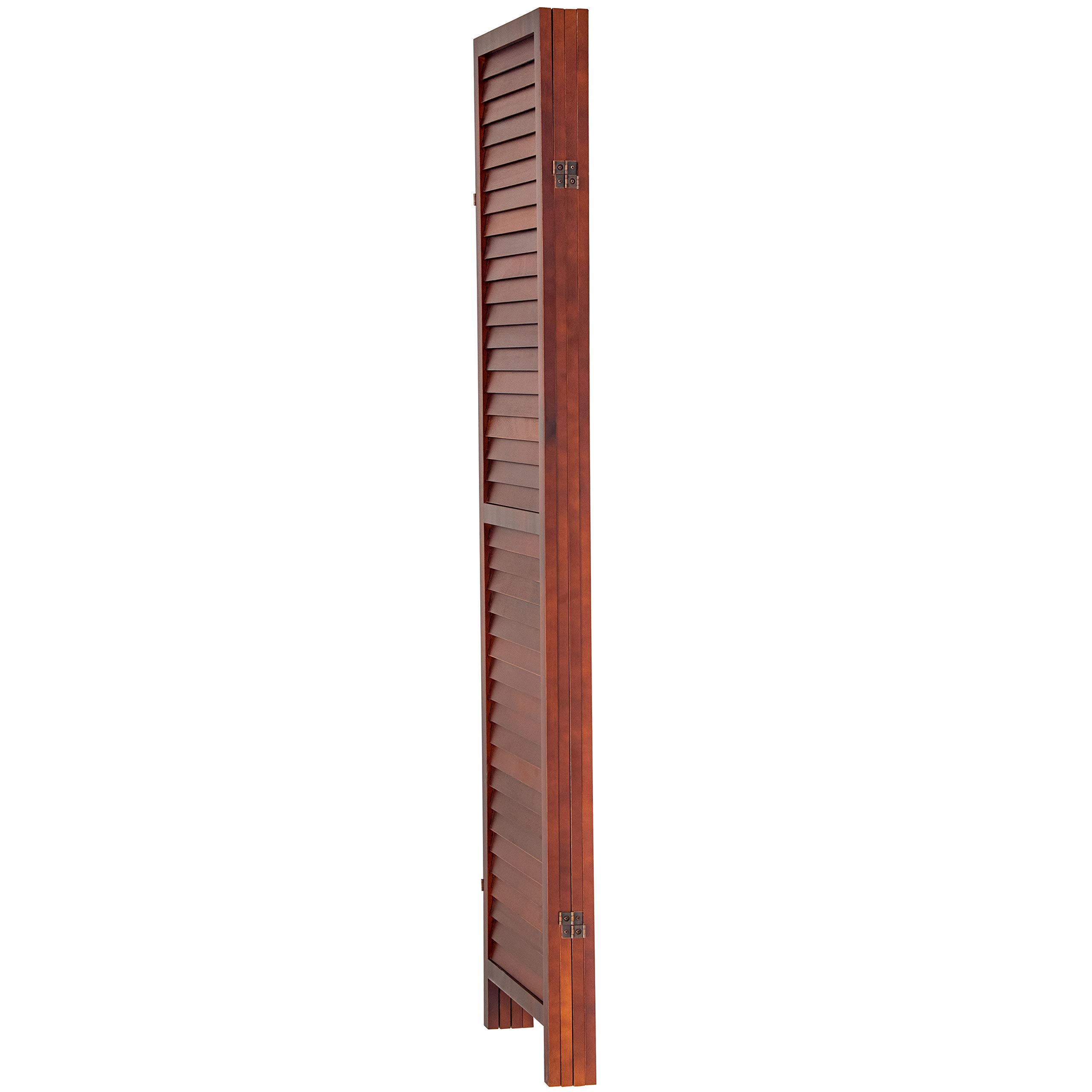 6 ft. Tall Walnut Wooden Louvered Room Divider - 4 Panel Folding Privacy Screen for Home Office, Living Room & Bedroom Separation
