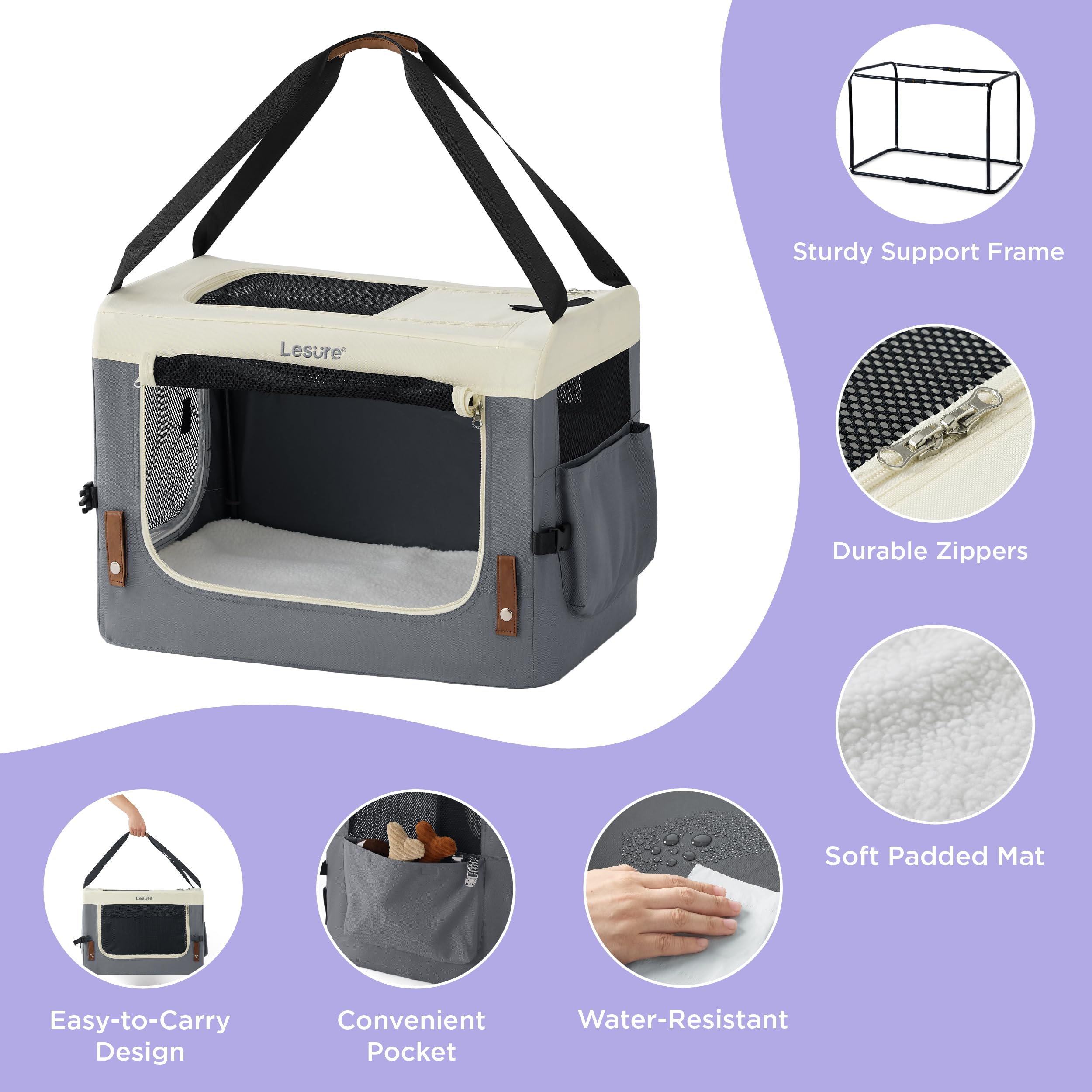 Collapsible Travel Dog Crate for Small Dogs - 24 Inch Portable Soft Pet Carrier with Handle | Foldable Fabric Kennel for Indoor & Outdoor Use | Grey Heavy Duty Dog Crate Perfect for Camping, Road Trips & Home