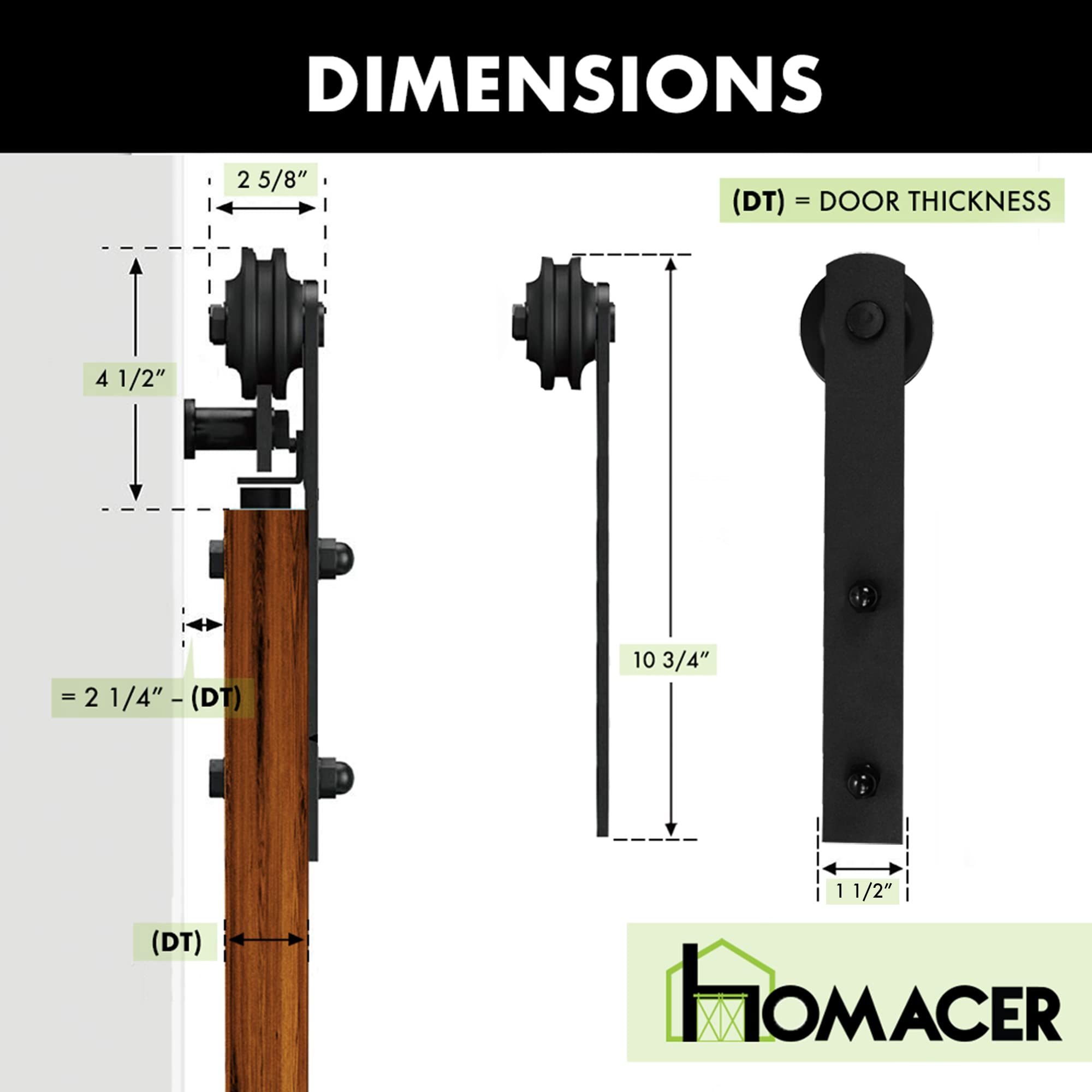 Homacer Black Rustic Extra Roller Set - 2 Rollers with Nuts, Bolts & Washers, 2 Door Stoppers, 2 Anti-Jump Pads, 1 Floor Guide (Straight Design) - Perfect for Sliding Doors, Closet Doors & Cabinet Doors