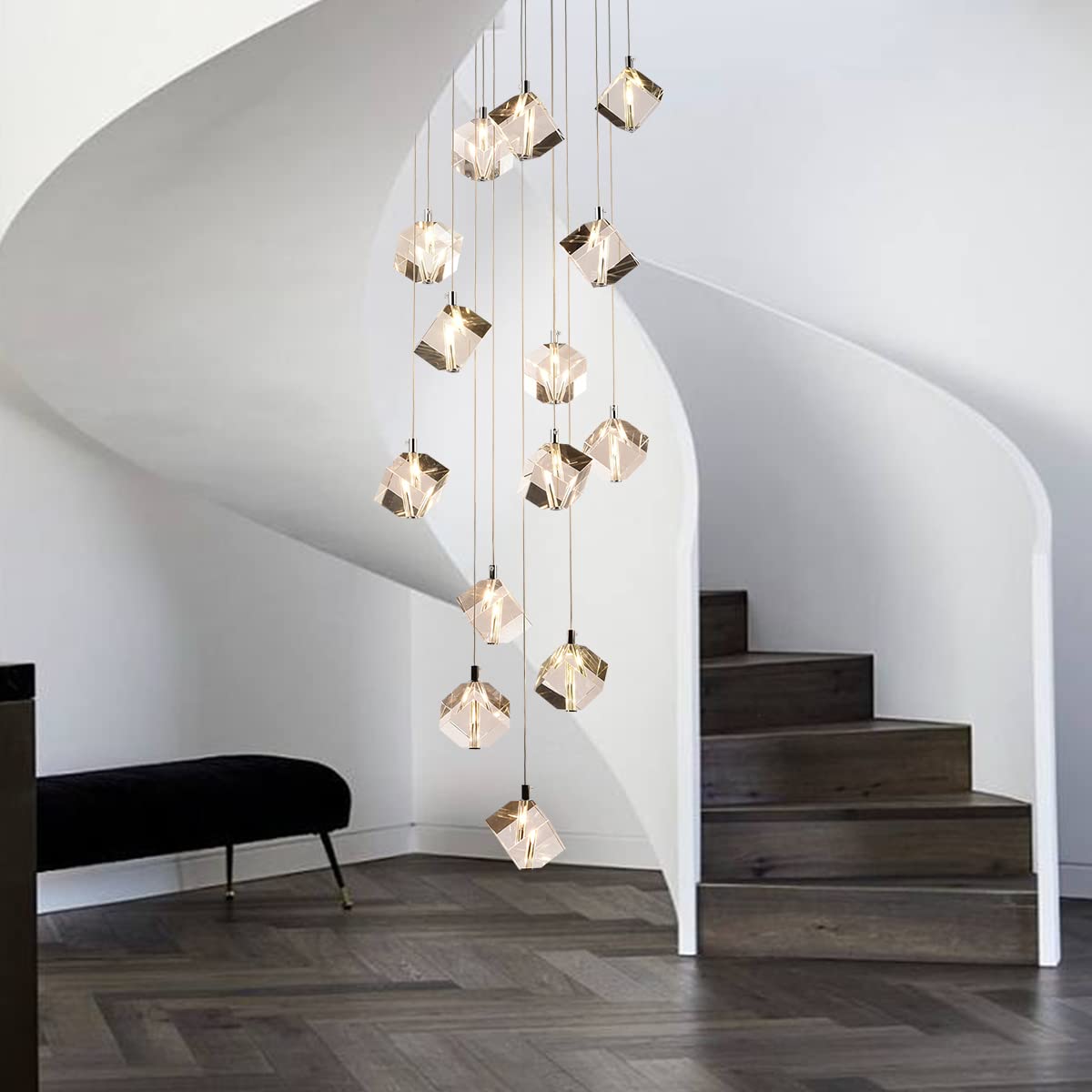 Modern Chrome Raindrop Pendant Light Fixture - 14-Light Round Crystal Chandelier for High Ceilings - Elegant Dining Room, Living Room, Staircase & Hotel Lighting Decor
