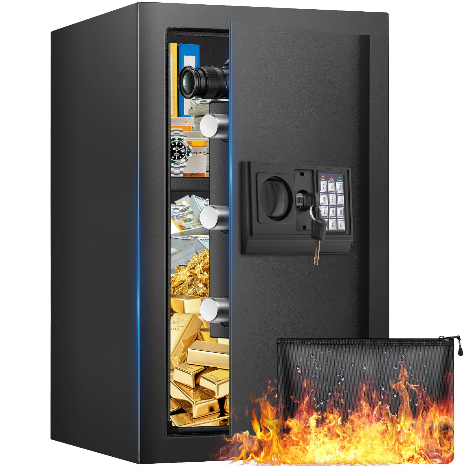 3.3 Cu Ft Fireproof & Waterproof Home Safe Box - Digital Security Lock with Smart Alert System, Anti-Theft Protection for Money & Jewelry - Removable Shelf & Mute Function - Ideal for Home, Office & Travel Use