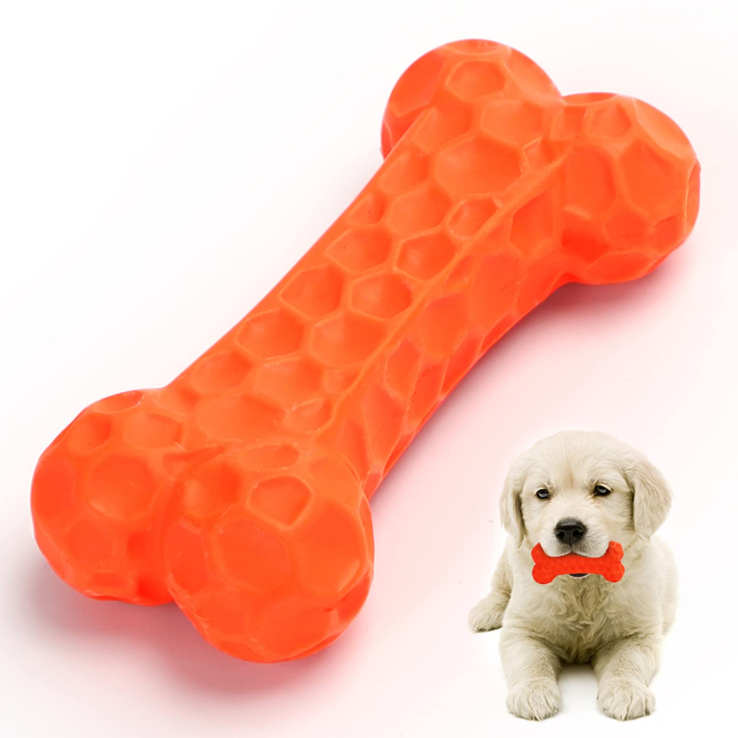 Durable Natural Rubber Dog Chew Toy for Puppies - Safe Teething Bone for Small Dogs & Puppies, 3.7 x 1.7 x 1 Inches, Orange - Perfect for Teething Relief, Dental Health & Playtime Indoors/Outdoors