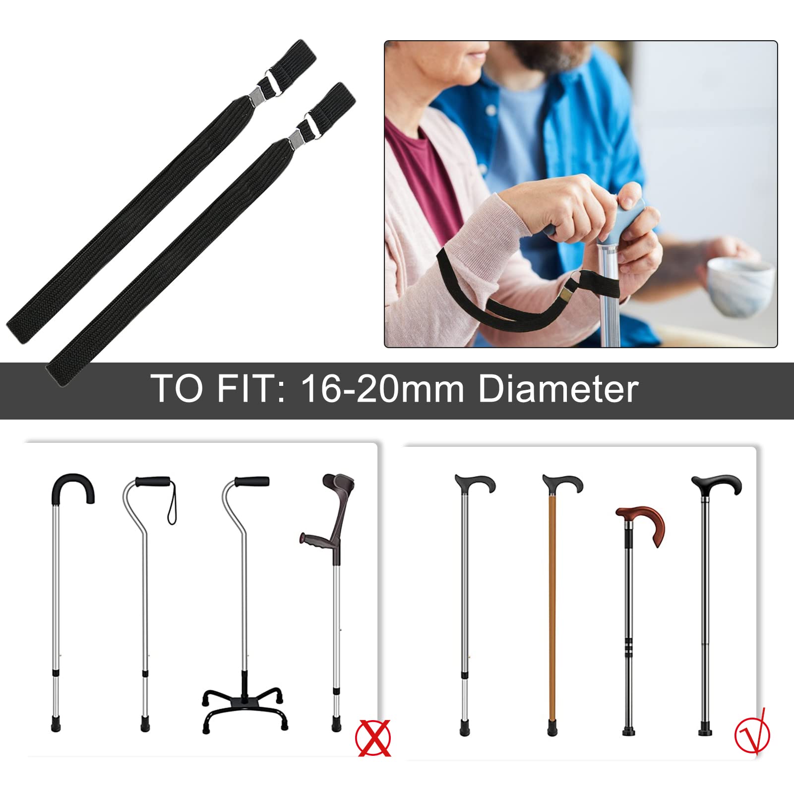 BEHAHAI 4 Pack Walking Cane Wrist Straps - Adjustable Black Wrist Loop Strap for Walking Sticks, Canes & Mobility Aids - Perfect for Hiking, Travel & Elderly Support