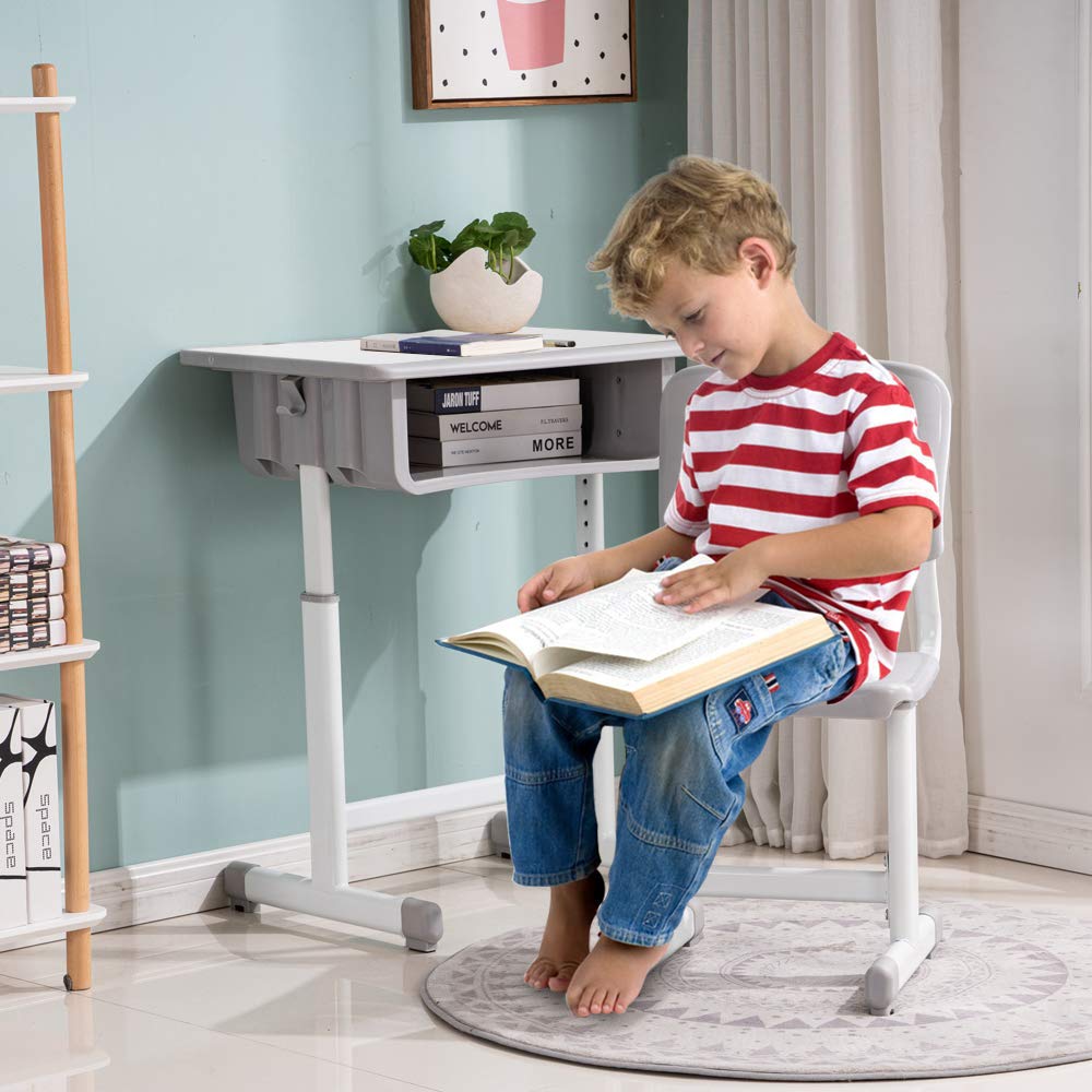 Adjustable Kids Study Desk and Chair Set with Storage Drawer, Pencil Grooves & Hooks - Ergonomic Children's Learning Workstation for Home School & Online Classes (Light Grey & White) - Perfect for Homework, Remote Learning & Craft Activities