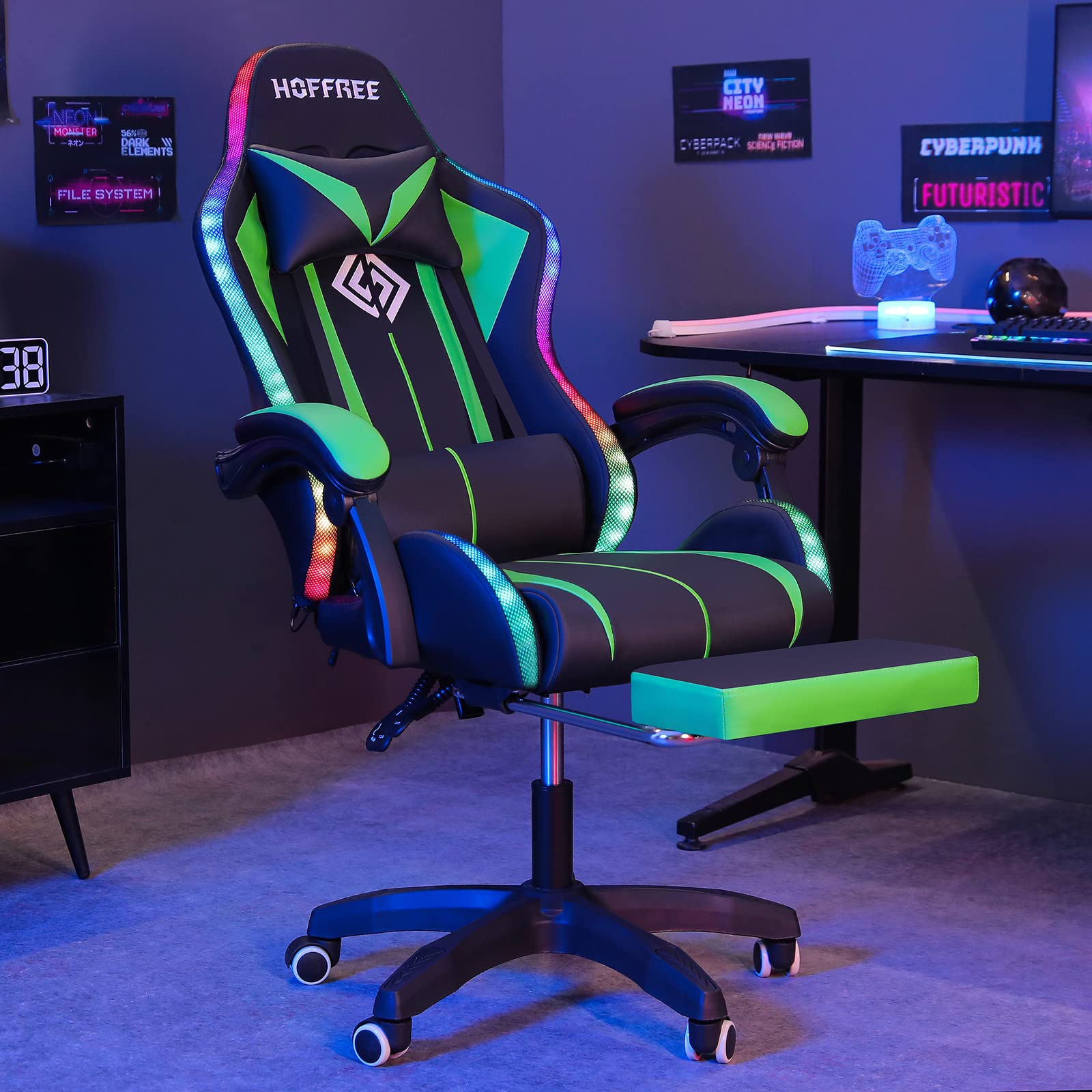 Ergonomic Gaming Chair with Massage, Bluetooth Speakers & RGB LED Lights - High Back Computer Chair with Lumbar Support & Footrest (Green/Black) - Perfect for Esports, Streaming & Home Office Setup