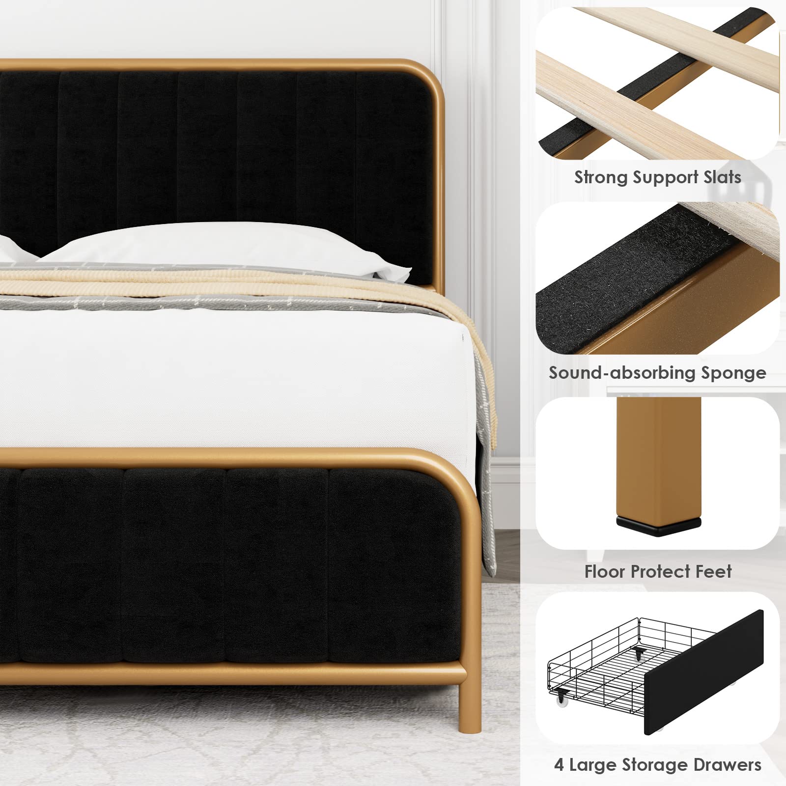HITHOS Full Size Upholstered Bed Frame with 4 Storage Drawers & Headboard - Heavy Duty Metal Platform Bed with Wooden Slats - No Box Spring Needed - Easy Assembly (Golden/Black) - Perfect for Small Bedrooms, Guest Rooms & Space-Saving Storage Solutions