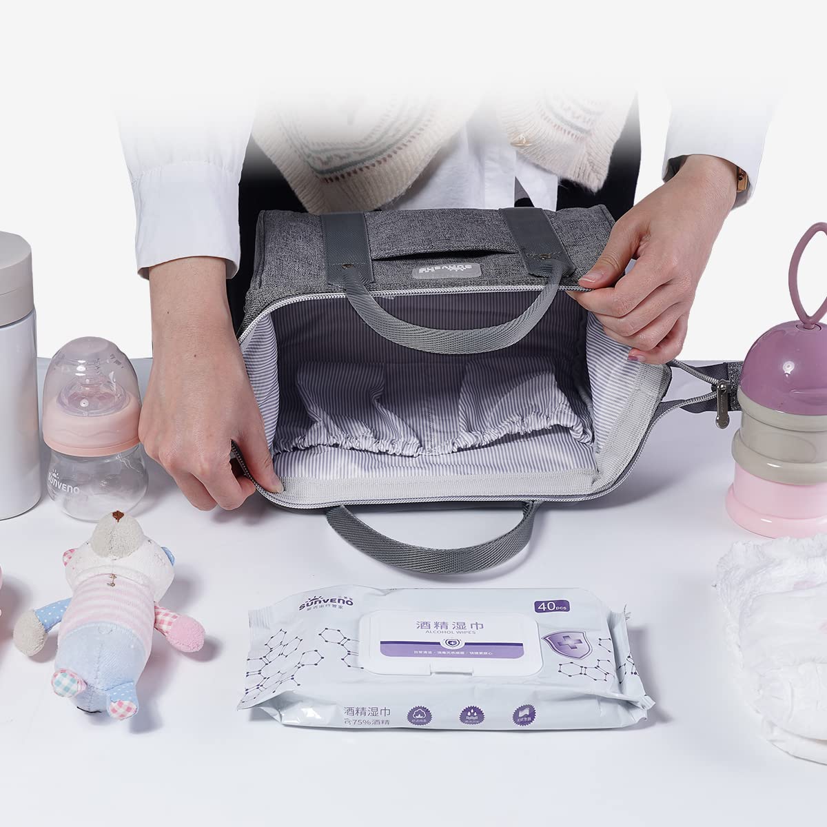 SUNVENO Compact Baby Diaper Bag - Lightweight Travel Tote with Large Capacity for Diapers, Wipes, Toys & Snacks - Perfect for Daycare, Outings & Family Trips