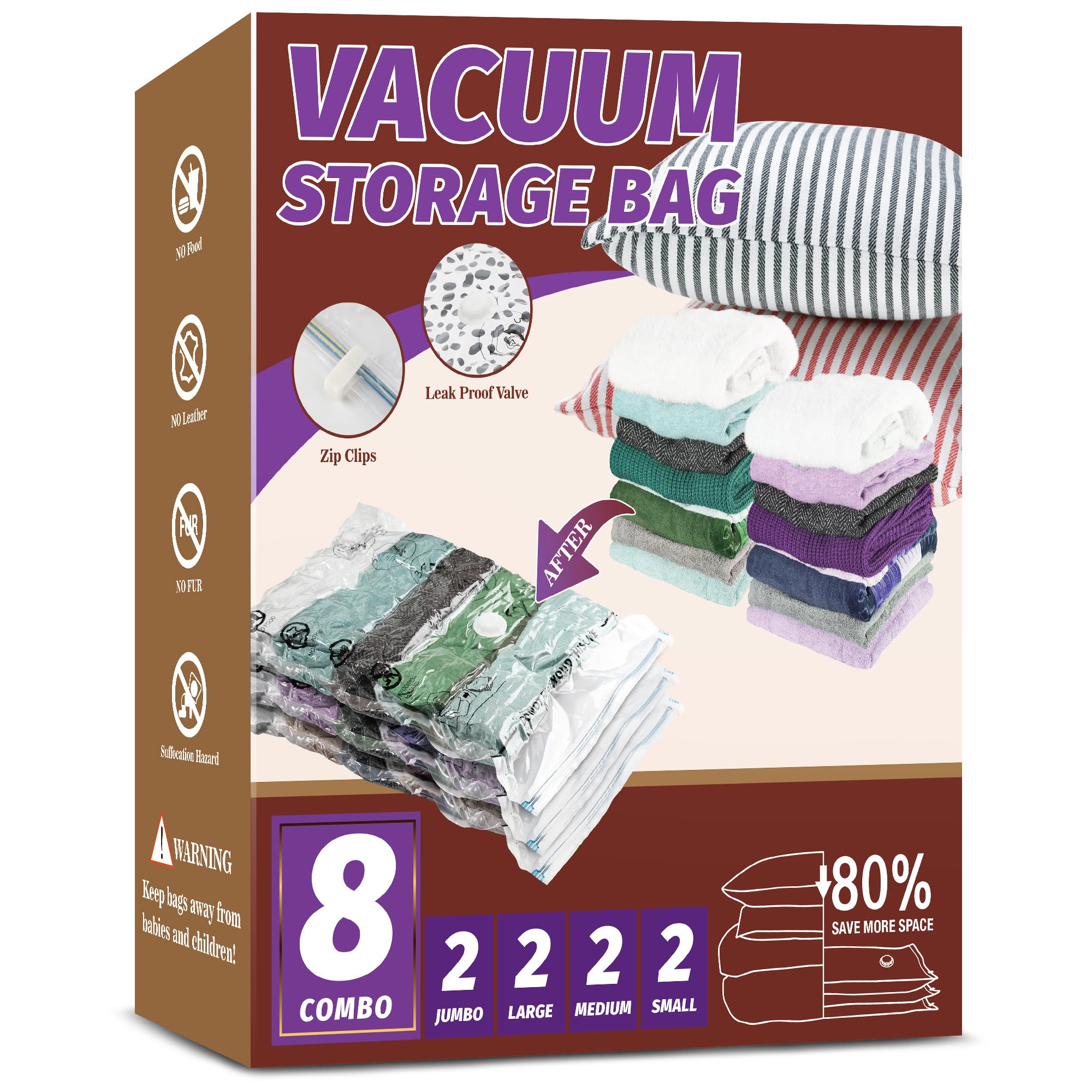 Vacuum Storage Bags Space Saver for Clothes, Blankets & Bedding - 8 Pack Compression Bags for Travel, Seasonal Storage & Home Organization (No Pump Included)