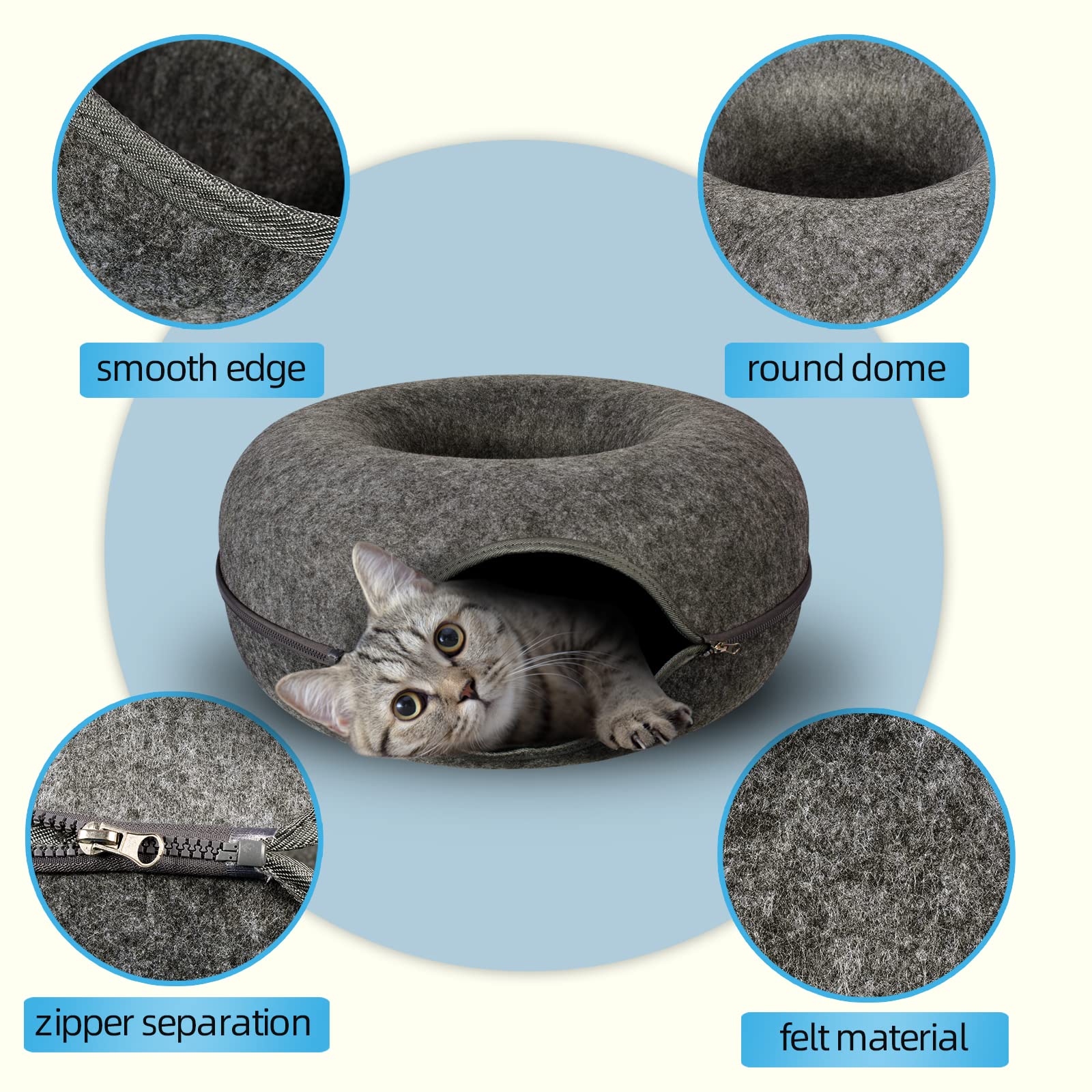 Cat Tunnel Bed for Indoor Cats - Large Peekaboo Cat Cave & Hideaway with Foldable Donut Design, Detachable Round Felt & Washable Interior (20x20x9 inches, Medium, Dark Gray) - Perfect for Playtime, Napping & Stress Relief
