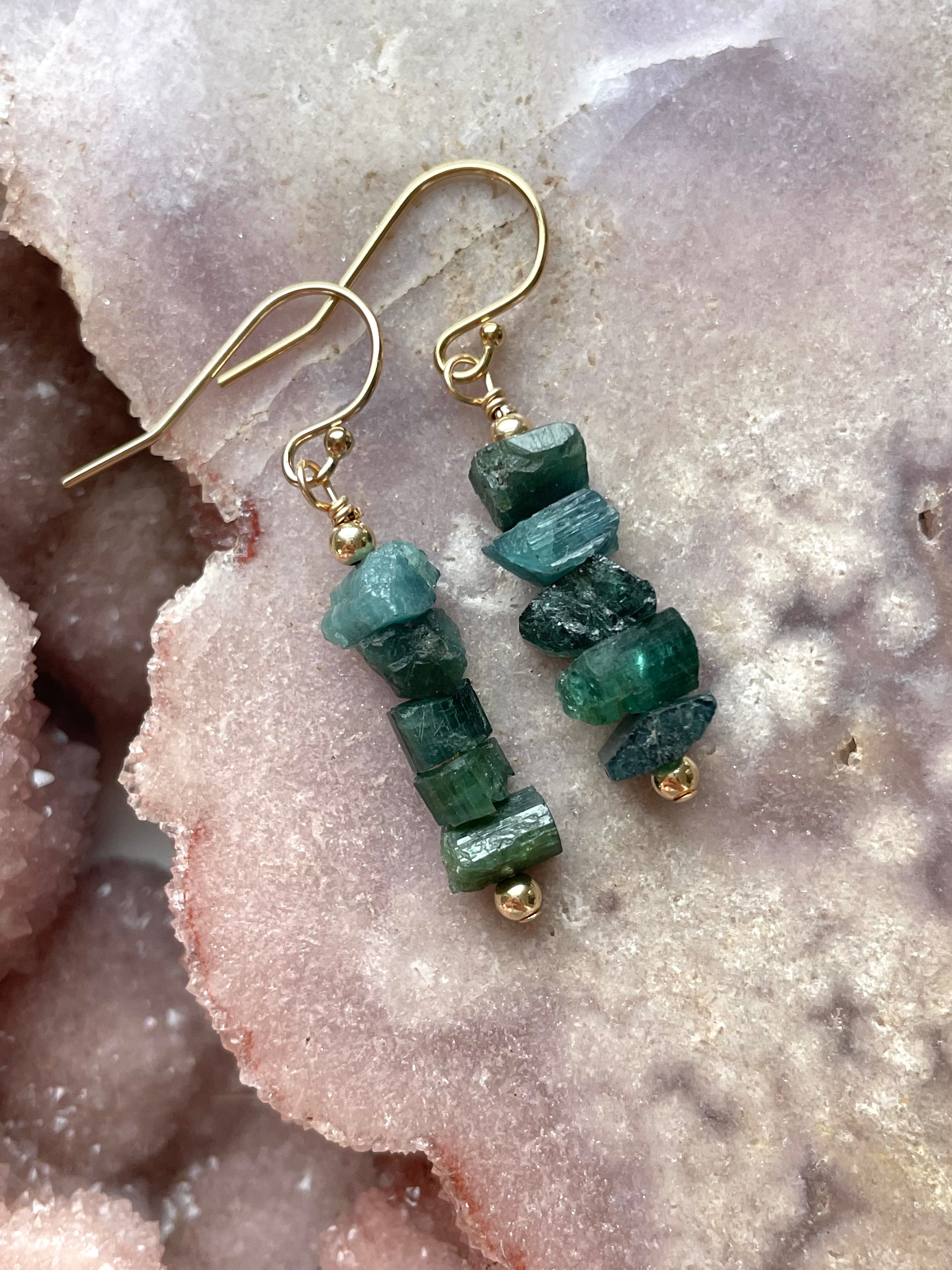 Natural Green Tourmaline Dangle Earrings - Raw Crystal Drop Earrings in 14K Gold for Women | Boho Chic Jewelry Gift for Birthday, Wedding & Everyday Wear