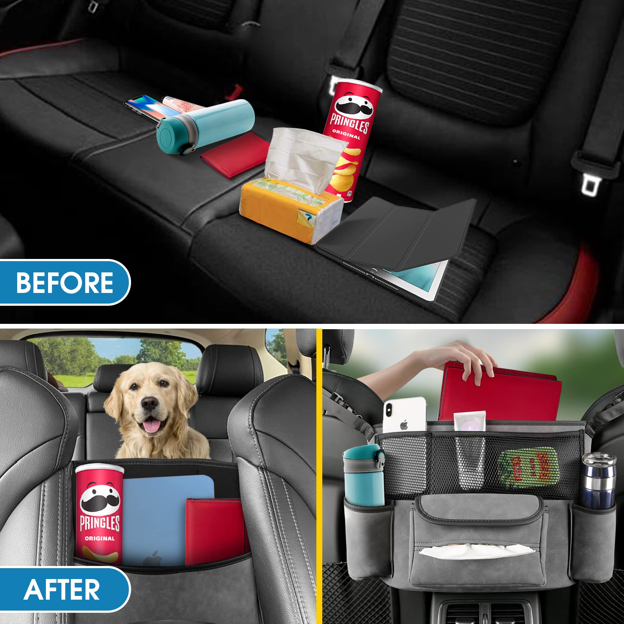 Car Seat Organizer - Back Seat & Between Seat Storage with Cup Holder & Purse Holder - Grey - Perfect for Road Trips, Family Travel & Daily Commute