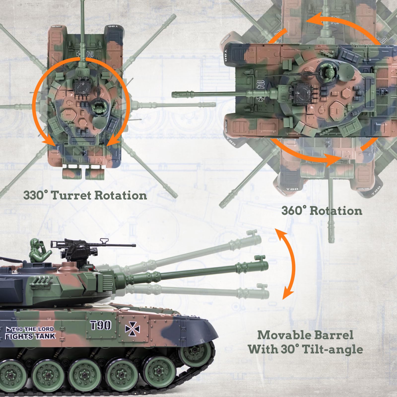 1:18 Scale RUS T-90 RC Tank - 2.4Ghz Remote Control Military Toy with Smoke, Light & Sound Effects, 15 Channels, BBS & Water Bomb Shooting - Battle-Ready Army Tank Model for Adults & Kids | Indoor & Outdoor Play, War Simulation, Collectible Display