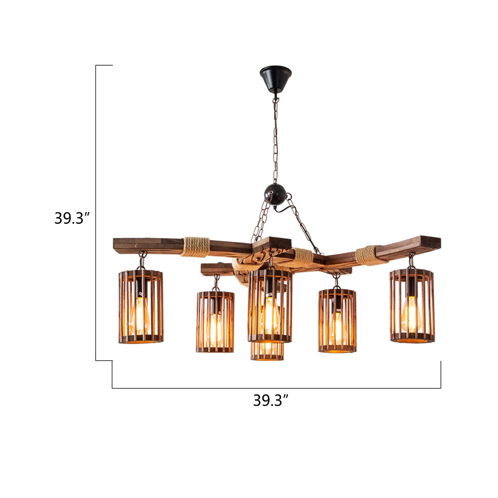 Vintage 6-Light Industrial Wooden Hanging Chandelier - Adjustable Height Black Metal Farmhouse Pendant Light with Wood Lampshade for Kitchen Island, Dining Room, Bar, Pool Table & Living Room Ceiling Lighting