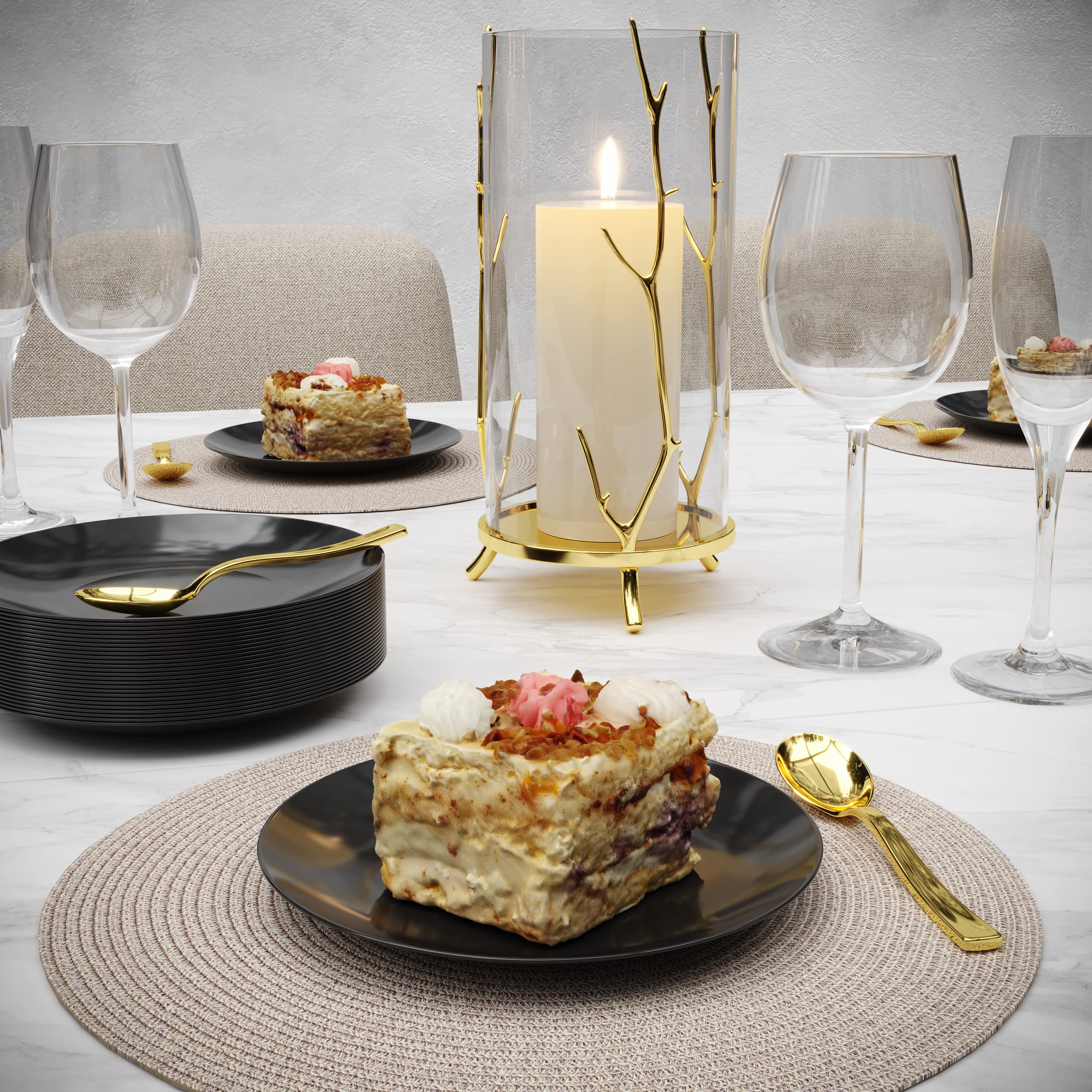 Trendables 120CT Disposable Dessert Plates with Gold Spoons - Elegant Black Small Plastic Plates for Parties, Weddings & Events (Serves 60 People) - Perfect for Birthday Celebrations, Baby Showers & Catering