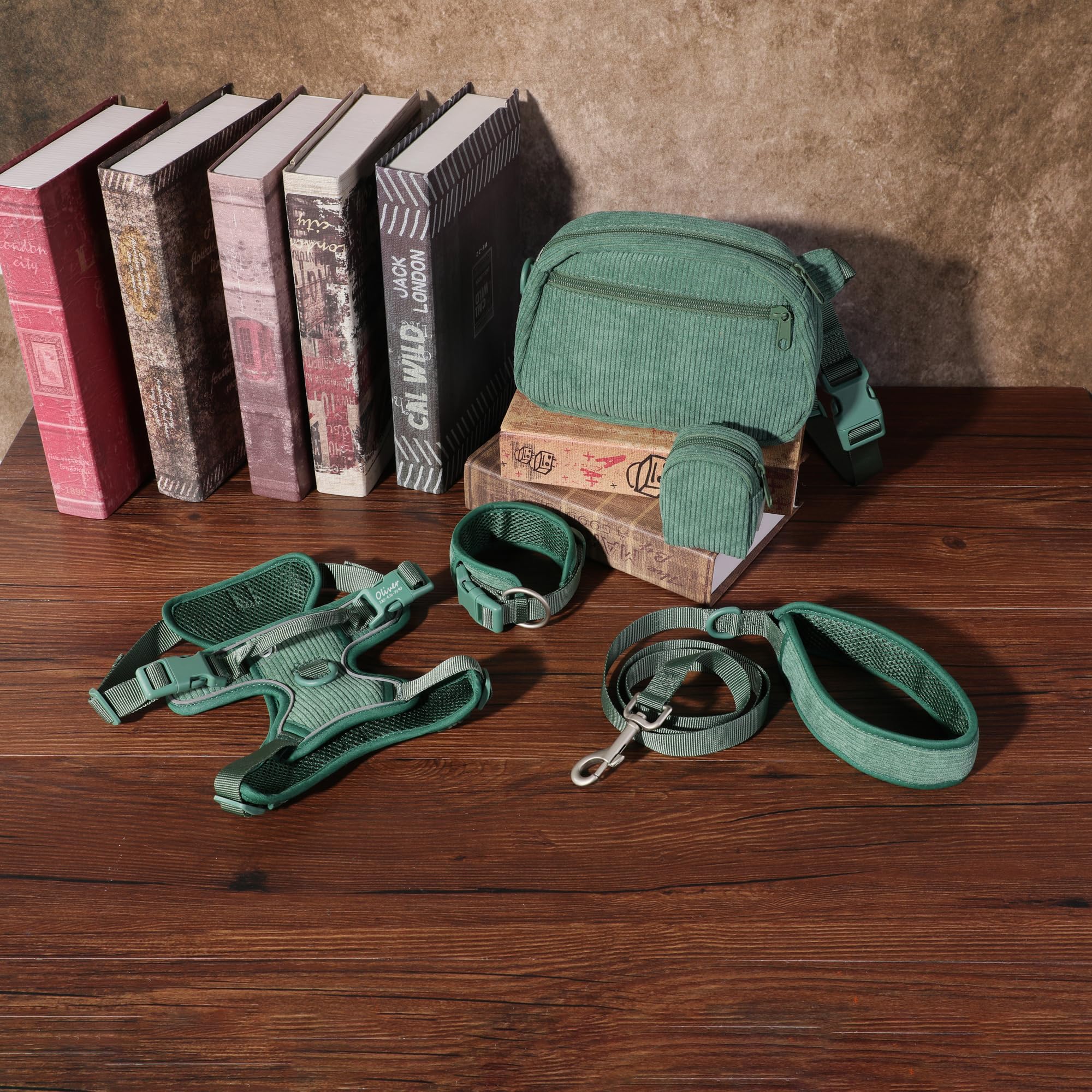 Custom Personalized Dog Harness & Leash Set with Name - Reflective No-Pull Harness, Poop Bag Holder - Beige Gray & Emerald Green (Small) - Perfect for Walking, Training & Nighttime Safety