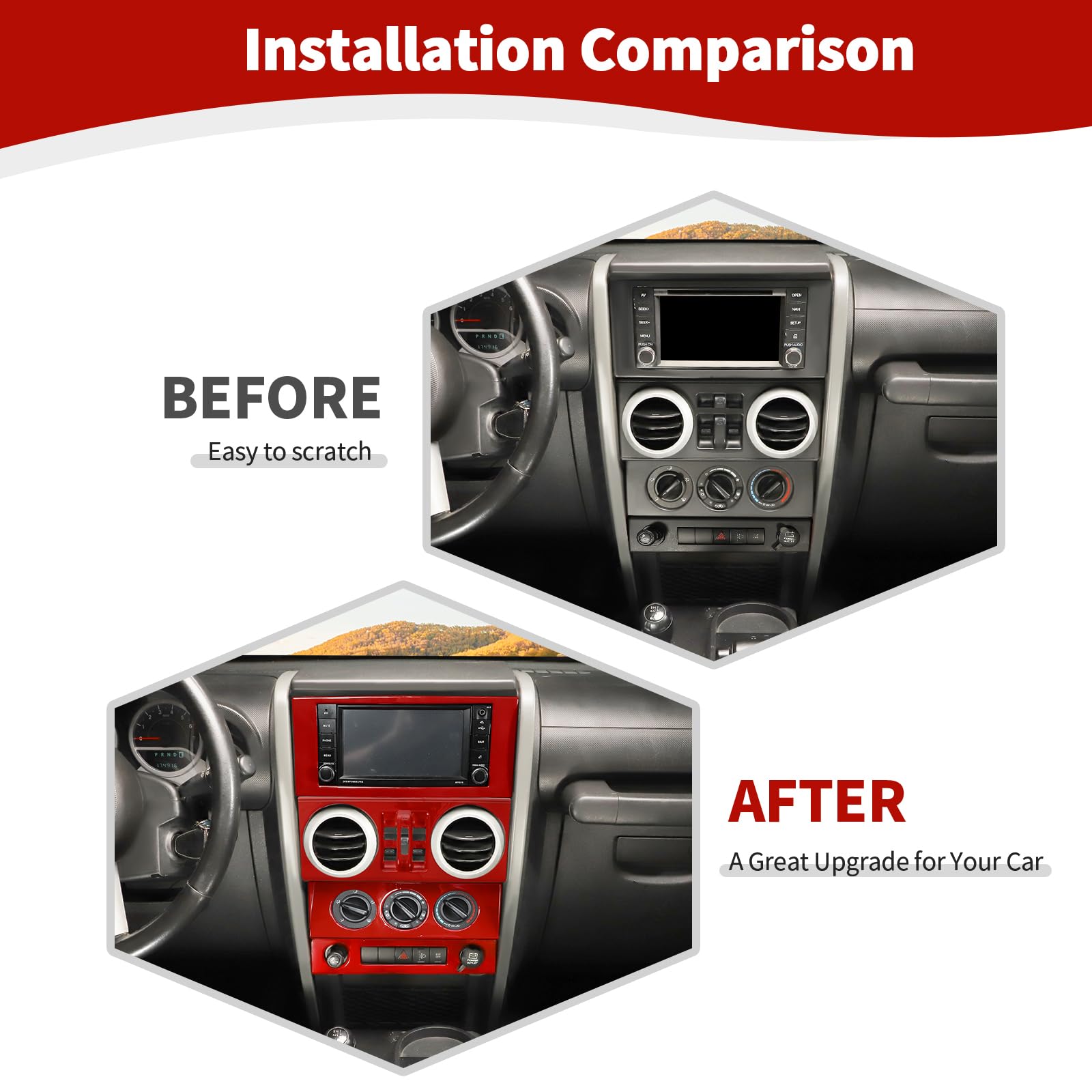 Red RT-TCZ Dashboard Center Console Control Panel Trim Cover for Jeep Wrangler JK JKU (2007-2010) - Interior Accessories Set of 4pcs - Upgrade Your Ride for Off-Road Adventures & Daily Commuting