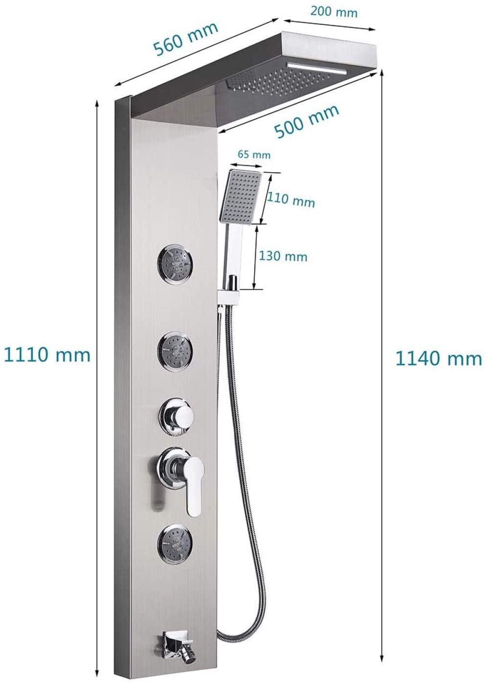 Premium 304 Stainless Steel Shower Panel Tower with 3 Massage Jets, Mixer Tap, Waterfall Rain Shower, Hand Shower & Tub Spout - Wall Mounted Bathroom Set for Luxury Spa Experience at Home