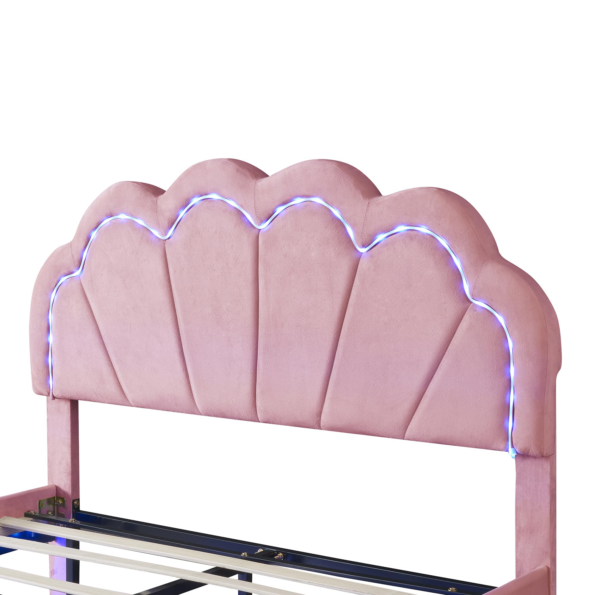 Full Size LED Floating Bed Frame with Ottoman - Upholstered Platform Bed with Shell Shaped Headboard, Modern 2-Piece Bedroom Set for Kids, Teens & Adults (No Box Spring Needed) in Pink | Perfect for Contemporary Bedrooms, Dorm Rooms & Kids' Rooms