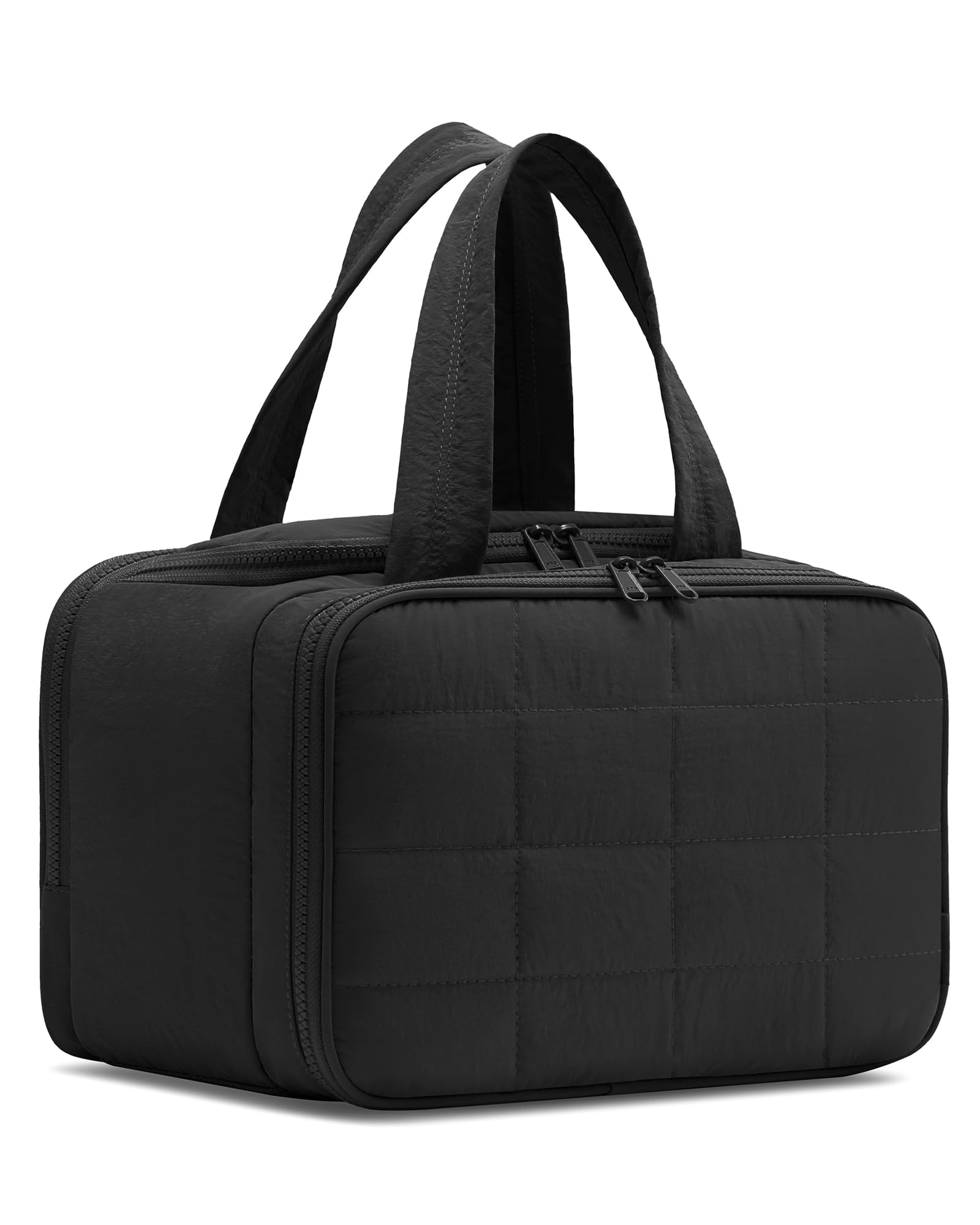 Quilted Travel Toiletry Bag for Women - Lightweight Cosmetic Makeup Organizer with Handle | Waterproof Puffy Wide-Open Design | Perfect for Travel, Gym, Vacation & Daily Essentials Storage (Black)