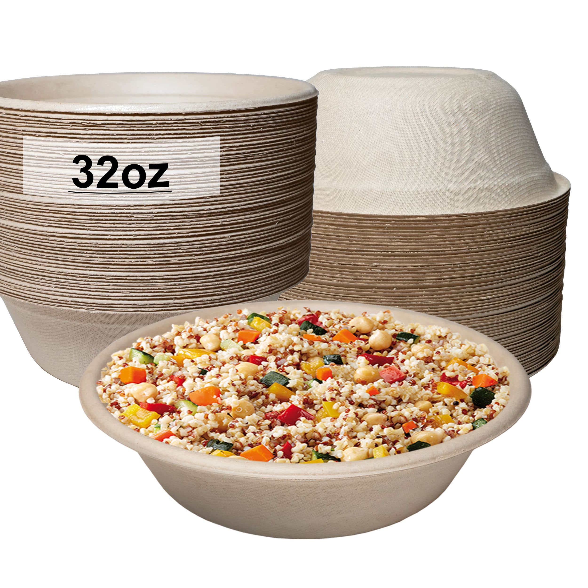 500 Count - EcoQuality 32oz Round Disposable Bowls | Natural Sugarcane Bagasse Bamboo Fiber Compostable Bowls | Sturdy Eco-Friendly Paper Bowl Alternative | Perfect for Parties, Picnics & Takeout Meals
