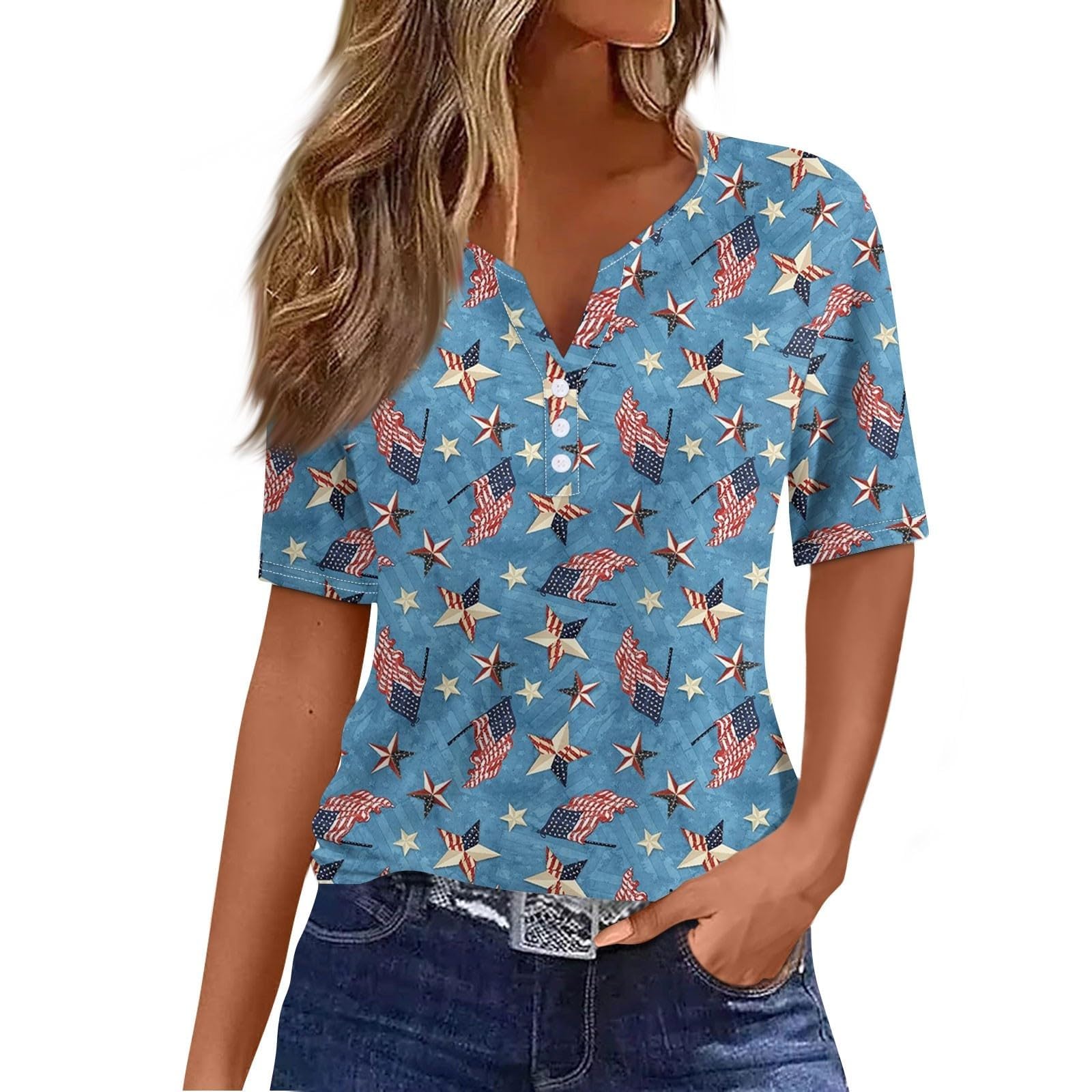 Women's 4th of July Short Sleeve Button Down Shirts - Soft Comfortable Blouse for Casual Wear, Night Out & Patriotic Celebrations