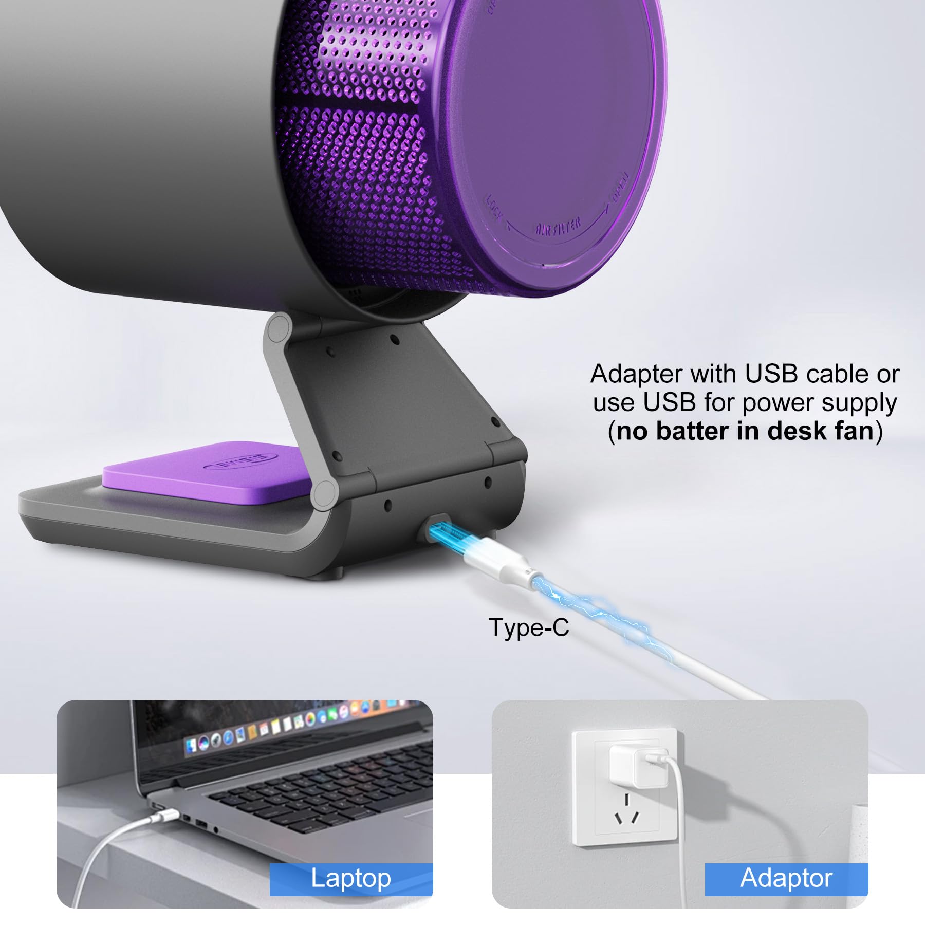 9.06 Inch Portable Desk Fan with Air Purifier - 4 Speed Quiet Cooling Fan for Home, Office & Bedroom - Personal Fan with 4 Mood Lights for Work, Study & Sleep