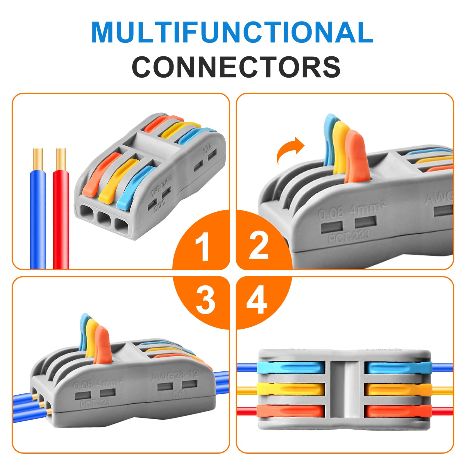 50pcs 3 Conductor Compact Splicing Wire Connectors - Lever Wire Nuts for 3 in 3 Out Connections (28-12 AWG) | Ideal for Home Electrical Wiring, DIY Projects & Automotive Repairs