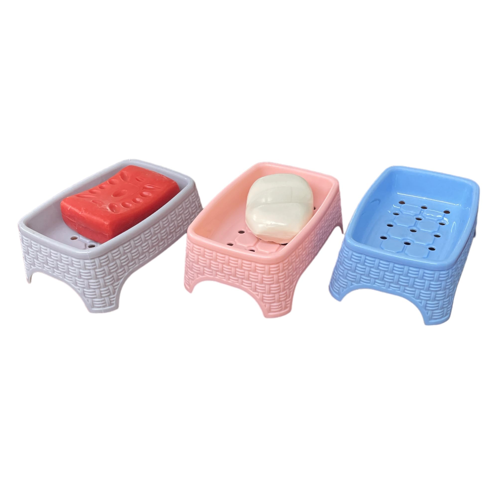 CSM Plastic Soap Holder Set of 3 - Bathroom & Kitchen Soap Dish for Sink Countertop - Durable Soap Case for Liquid or Bar Soap (Assorted Colors)