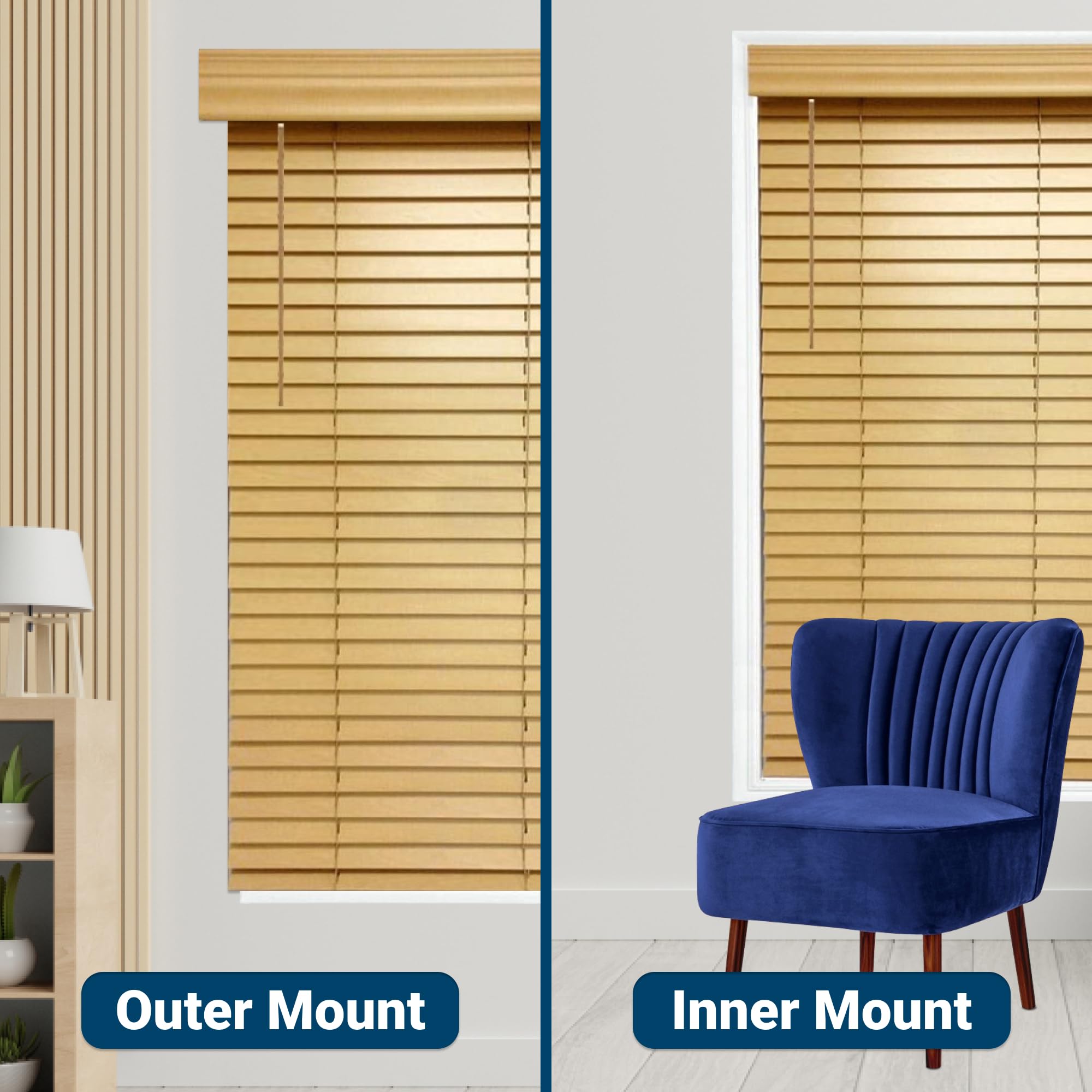 TailorView 2 Inch Cordless Wood Blinds - Customizable Horizontal Window Shades, Natural Pine Finish, Inside or Outside Mount - Perfect for Living Room, Bedroom & Home Office