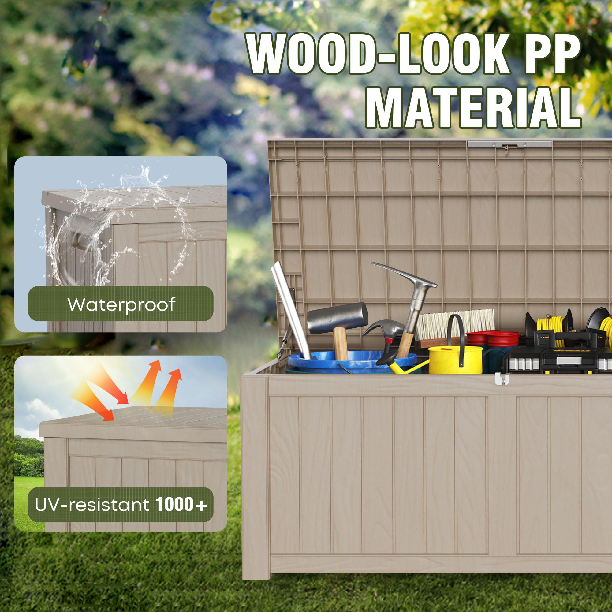 **120 Gallon Outdoor Deck Storage Box - Lockable Waterproof Patio Furniture Organizer for Garden Tools, Pool Accessories & Cushions - Durable Resin Design (Light Brown) - Perfect for Backyard, Deck & Poolside Storage**