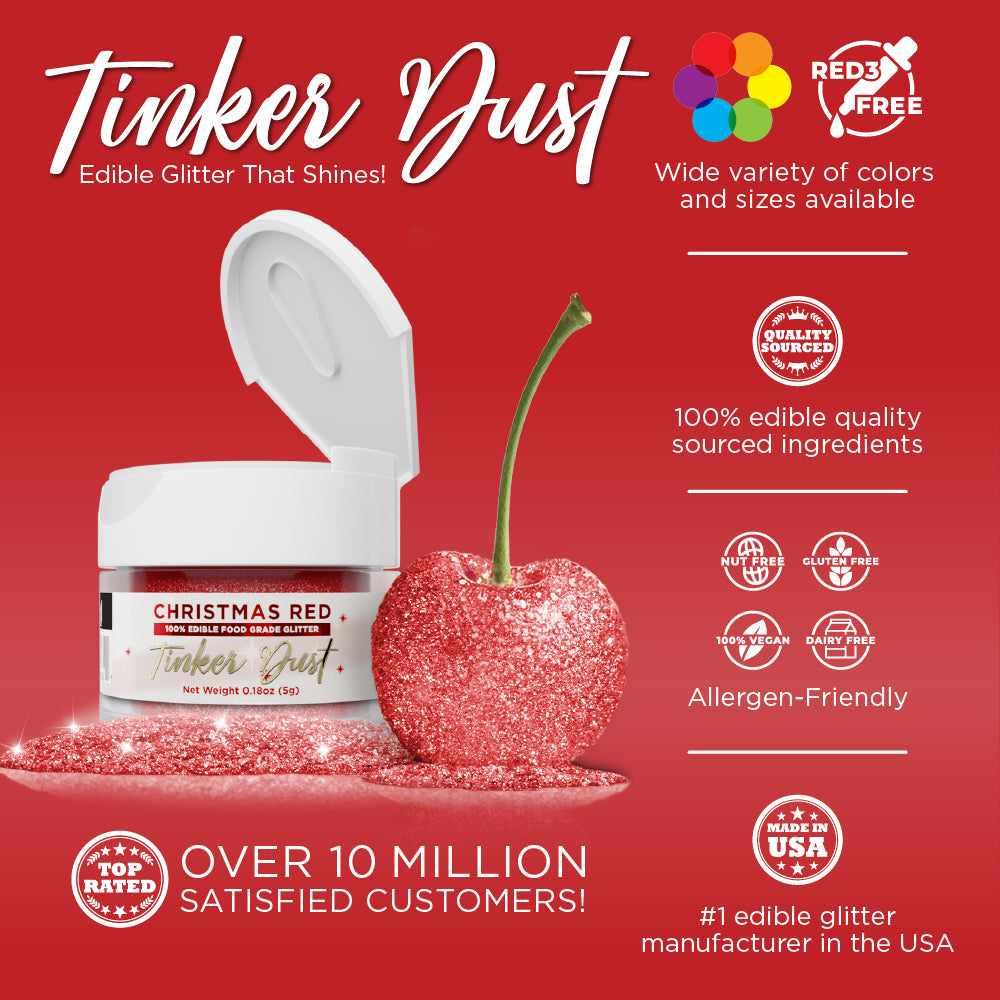 Christmas Red Edible Glitter for Baking & Cake Decorating - Tinker Dust® 5g Food Safe Sparkle Dust | Perfect for Cookies, Cupcakes, Donuts & Holiday Desserts