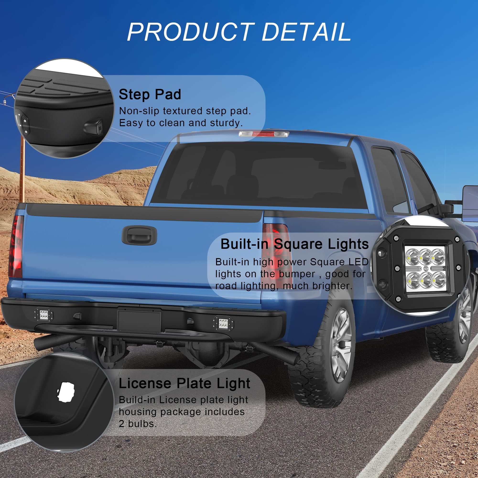 1999-2006 Chevy Silverado/GMC Sierra 1500 Black Steel Rear Step Bumper with LED Square Light - Heavy Duty Truck Bumper Replacement for Off-Road & Towing