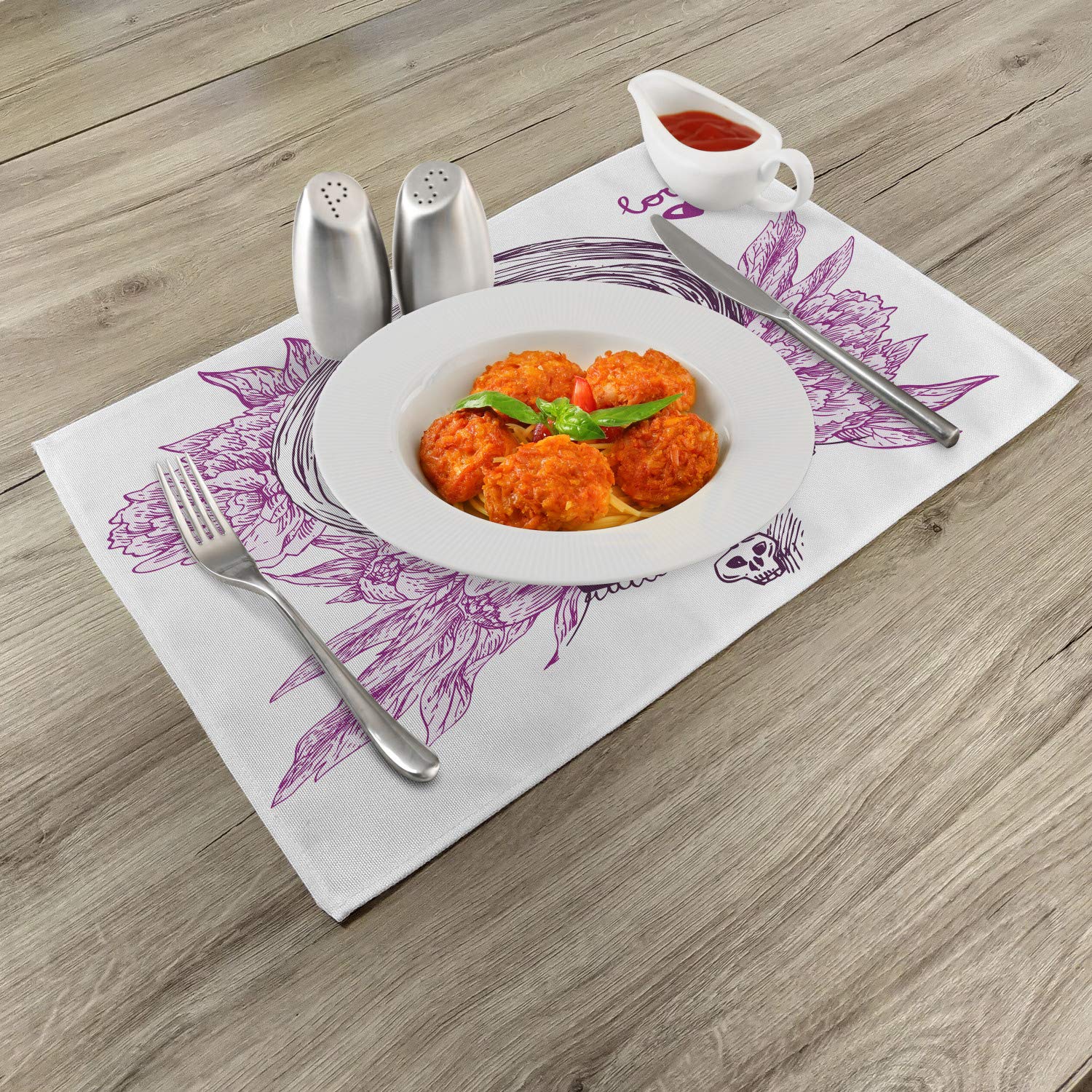 Ambesonne Day of The Dead Place Mats Set of 4 - Gothic Vampire Skull with Floral Print Washable Fabric Placemats for Dining Table & Kitchen Decor in Violet Purple & White - Perfect for Halloween, Gothic Parties & Mexican Themed Dinners