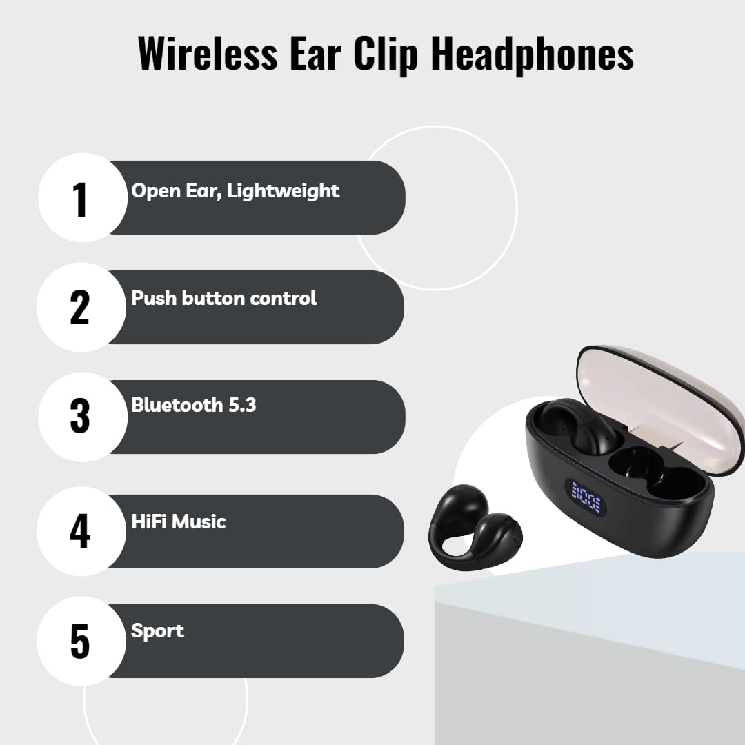 Wireless Clip-On Bluetooth 5.3 Headphones - IPX7 Waterproof Open-Ear Bone Conduction Earbuds with HiFi Sound for Running, Cycling & Workout (Black)