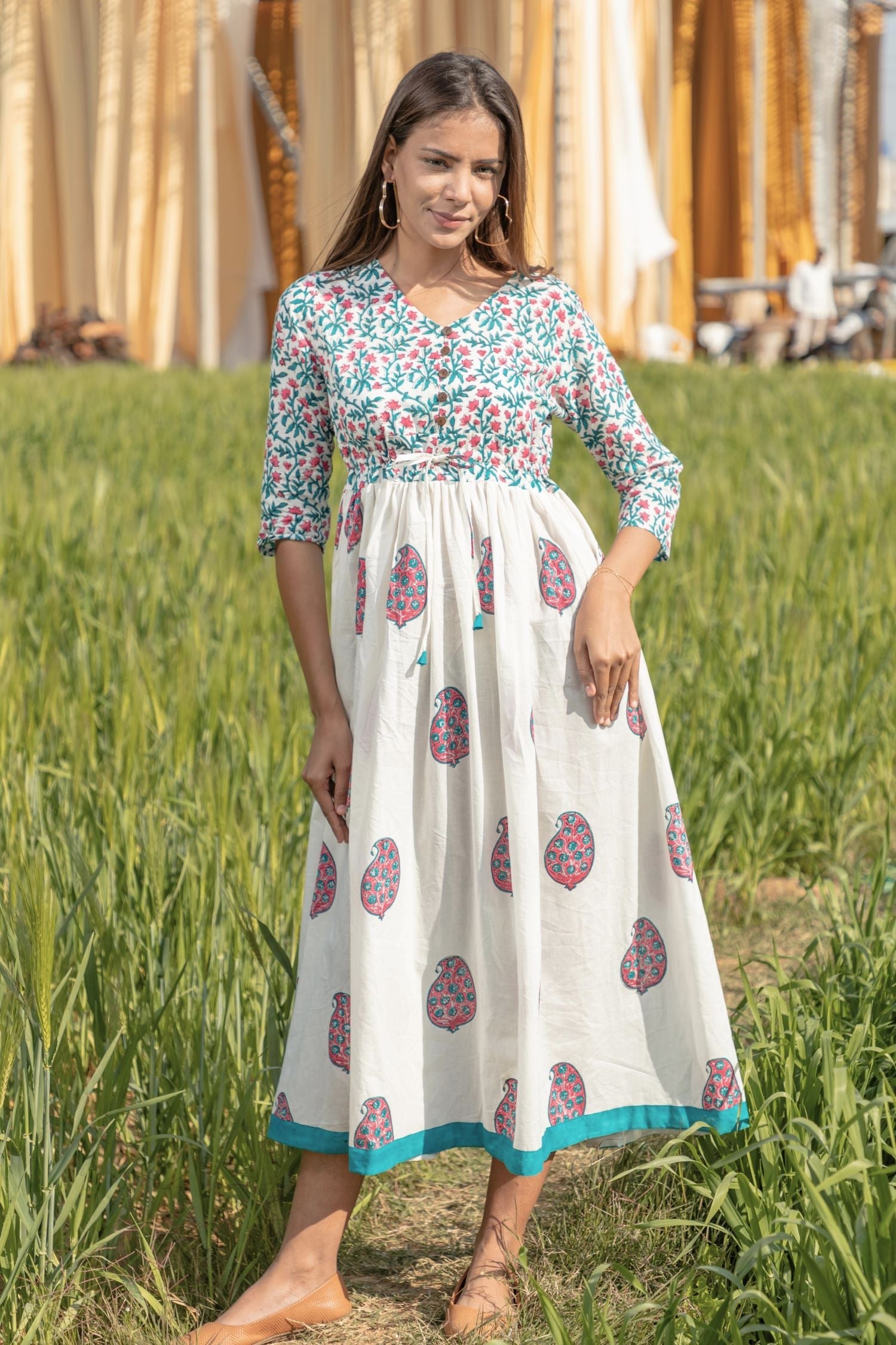 Azofree Handblock Printed Pure Cotton Dress - 'Paisley in the Garden' Floral Design | Comfortable & Breathable for Summer Outings, Beach Vacations & Boho Fashion