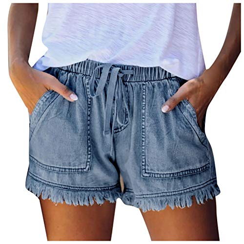 Women's Stretchy Denim Shorts with Drawstring Waist, Frayed Raw Hem & Tassels - Casual Loose Fit Midi Jean Shorts for Summer Outfits, Beach Wear and Street Style Fashion